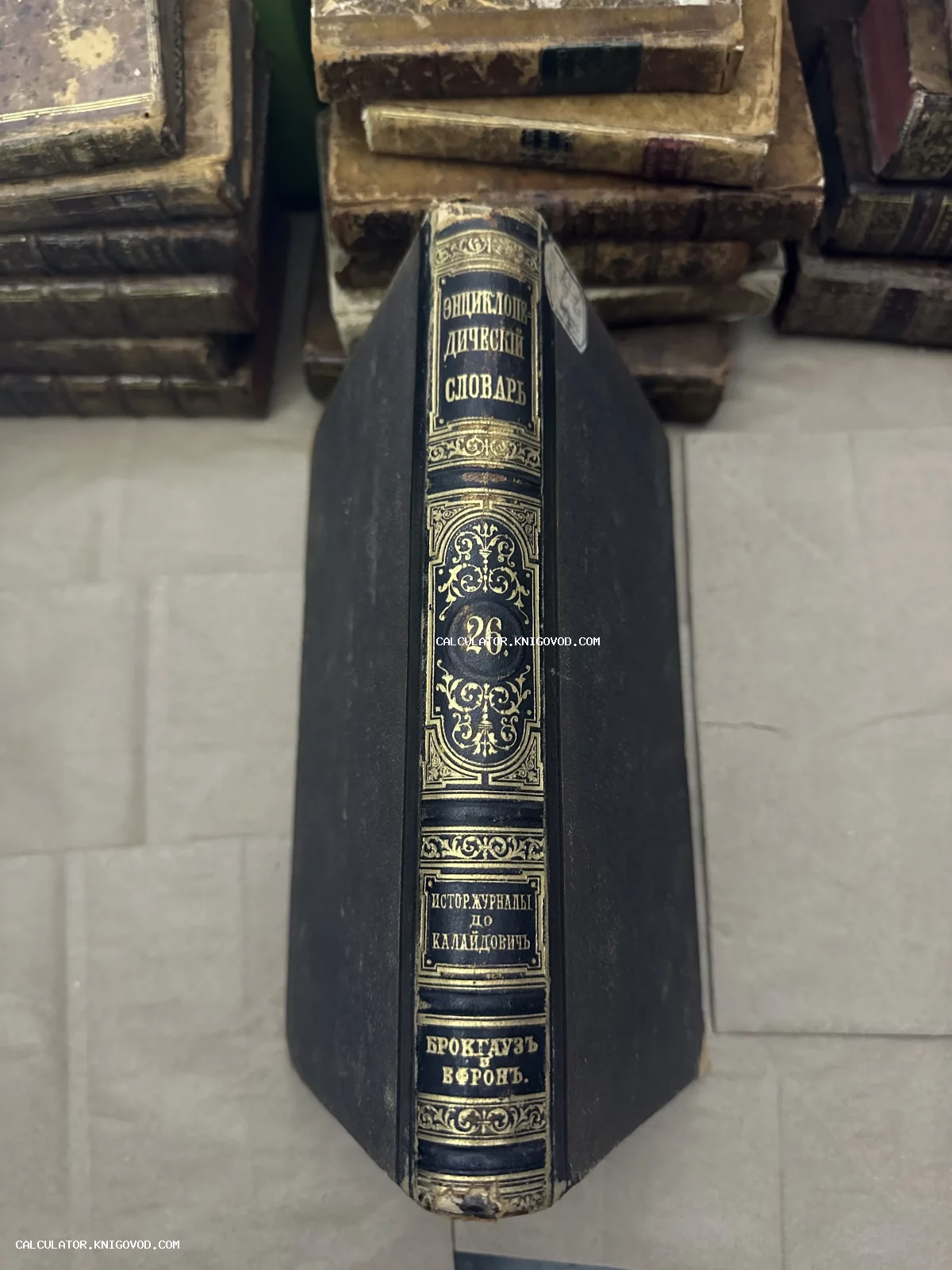 Корешок антикварной книги Энциклопедический словарь Брокгауза и Ефрона с золотым тиснением и орнаментом на фоне стопки старинных фолиантов.