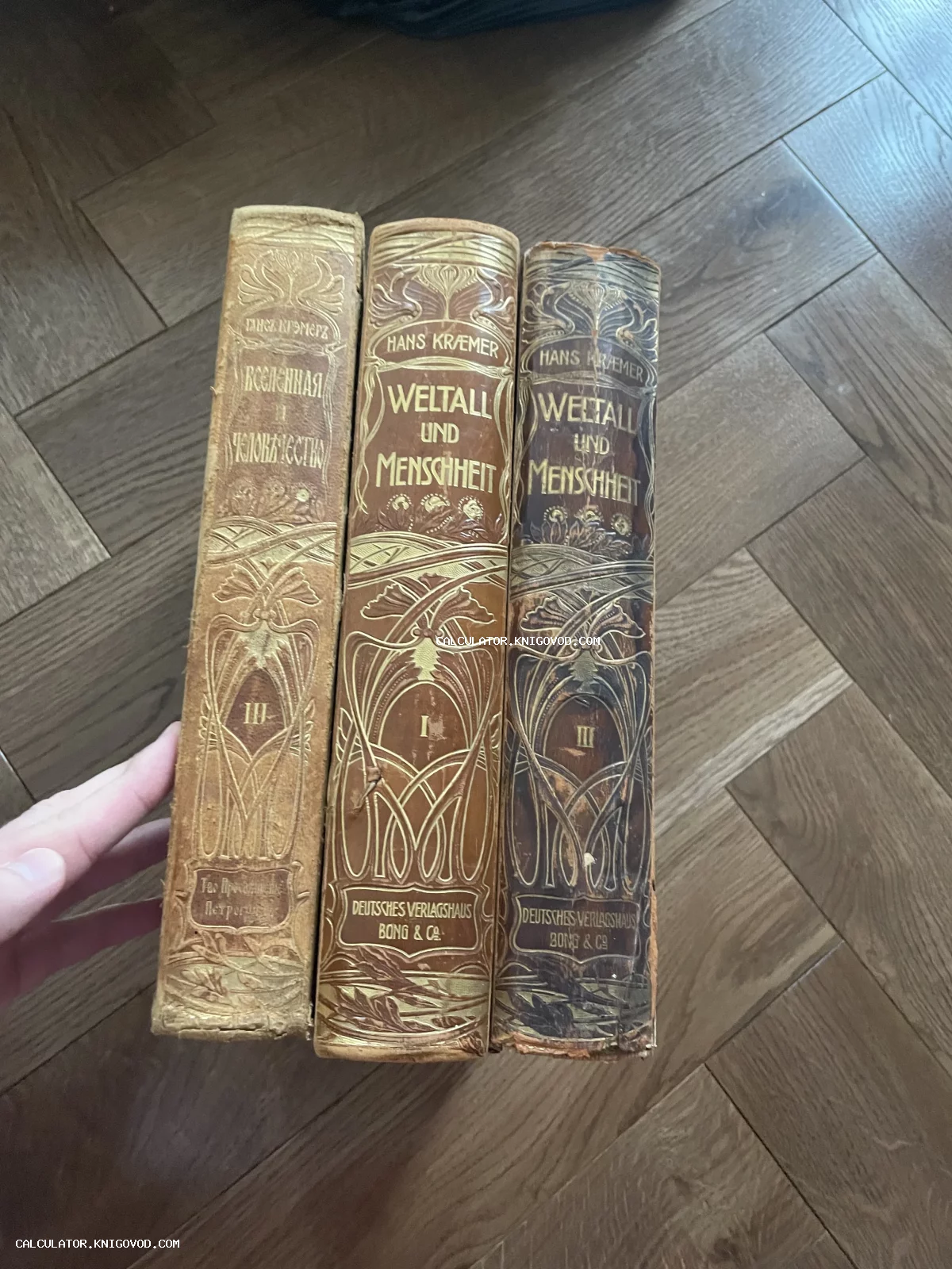 Три старинных тома энциклопедии Ганса Кремера «Вселенная и человечество» с золотым художественным тиснением на корешках.