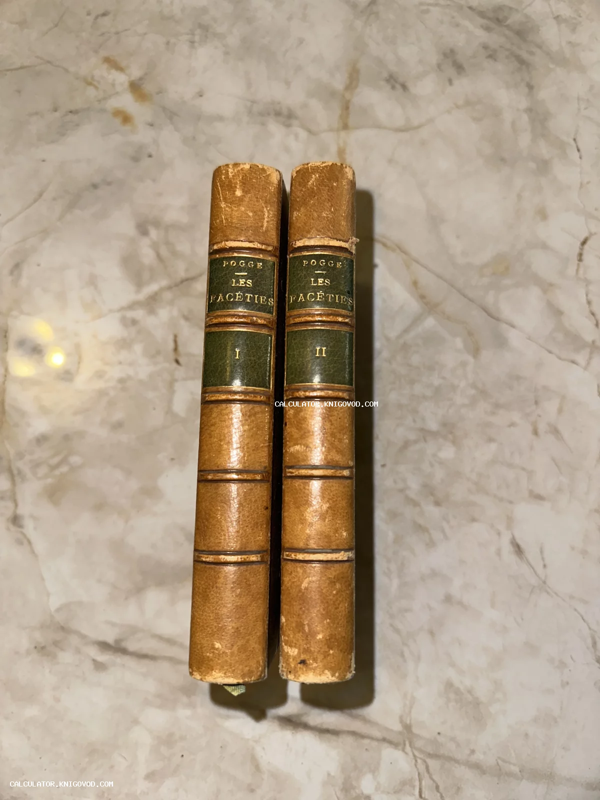 Два тома старинной книги Les Faceties в кожаном переплете с золотым тиснением на мраморном фоне.