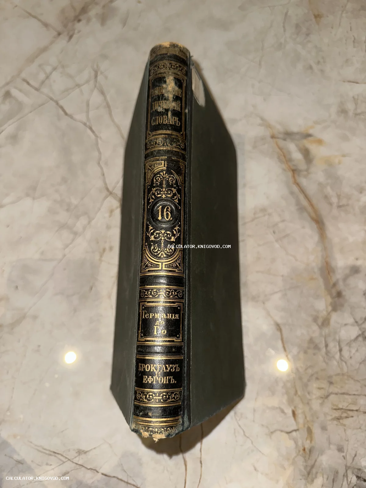Корешок антикварной книги в кожаном переплете с золотым тиснением «Энциклопедический словарь Брокгауза и Ефрона», том 16.