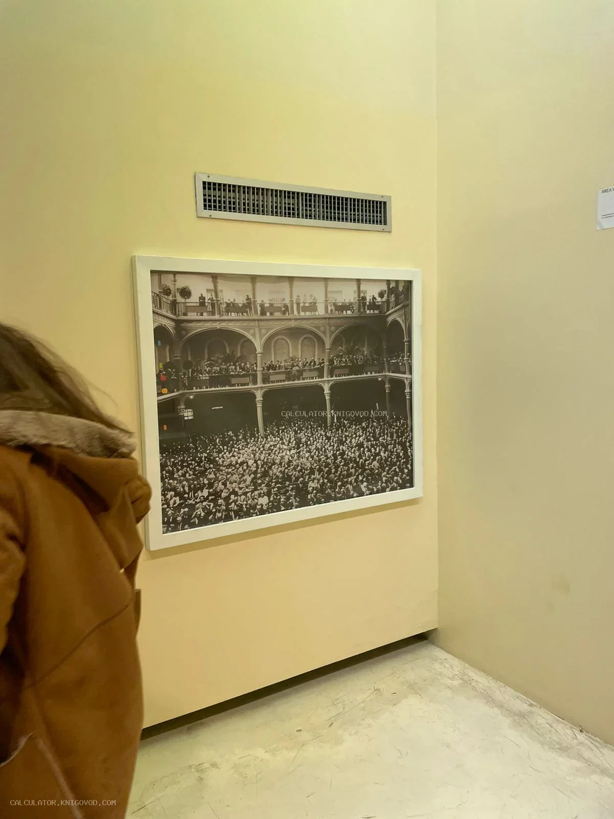 Черно-белая архивная фотография в белой раме, изображающая массовое собрание людей в старинном многоярусном здании с колоннами и ажурными балконами.