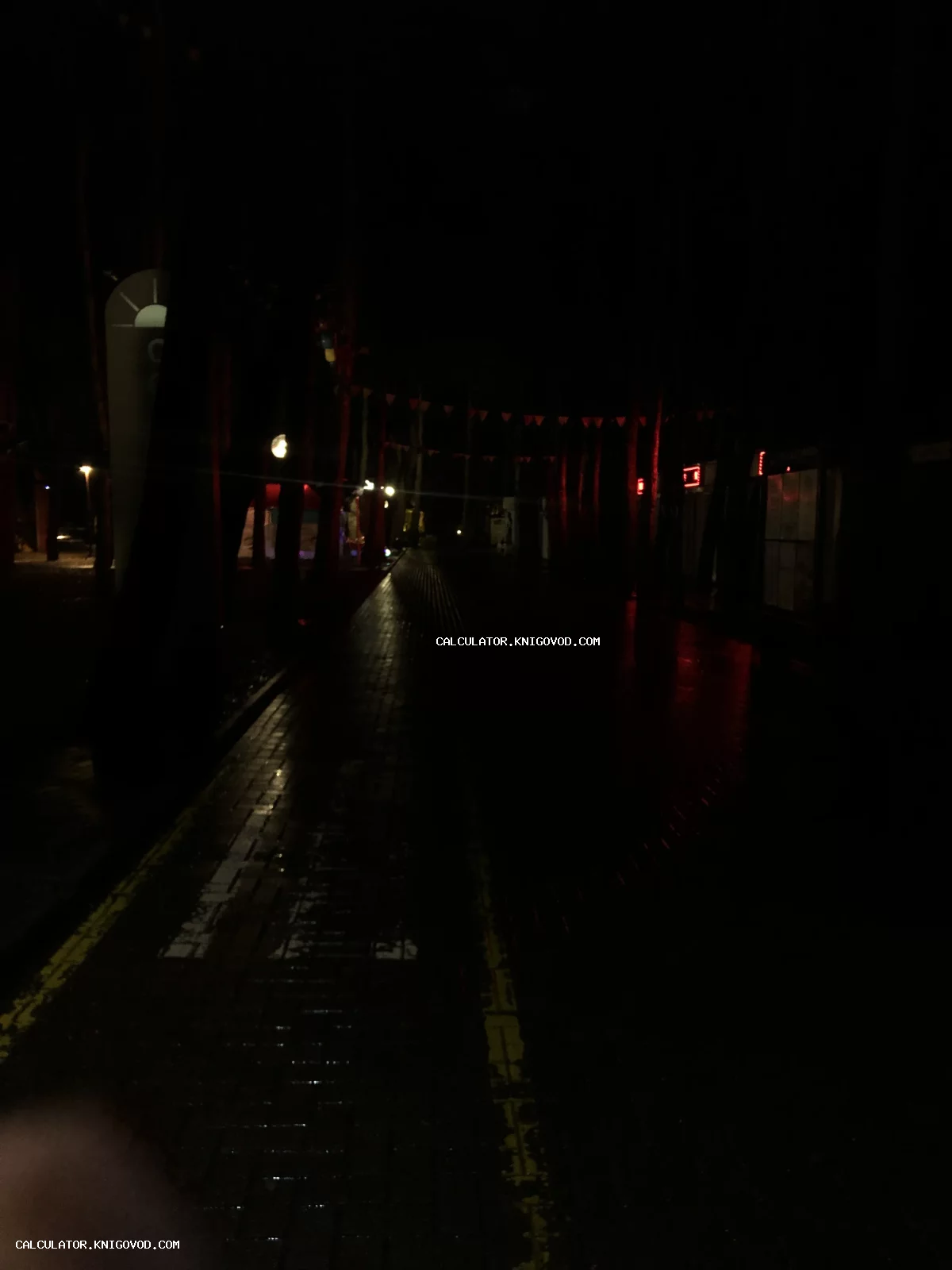 Вид на ночную мощеную дорожку в парке с отражениями красных огней на влажной поверхности.