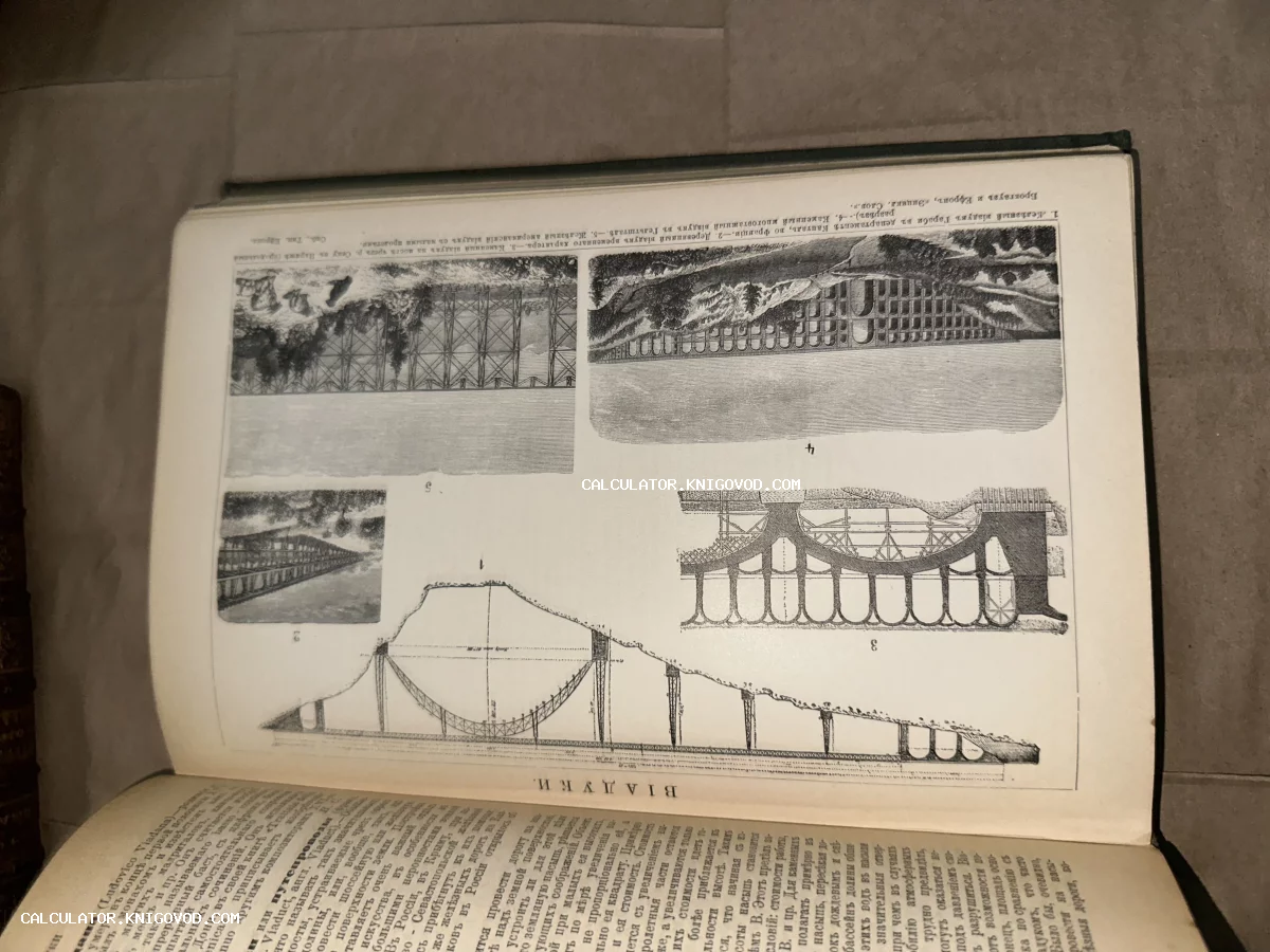 Разворот антикварной книги с гравированными иллюстрациями различных типов виадуков и мостов, сопровождаемый текстом на дореволюционном русском языке.
