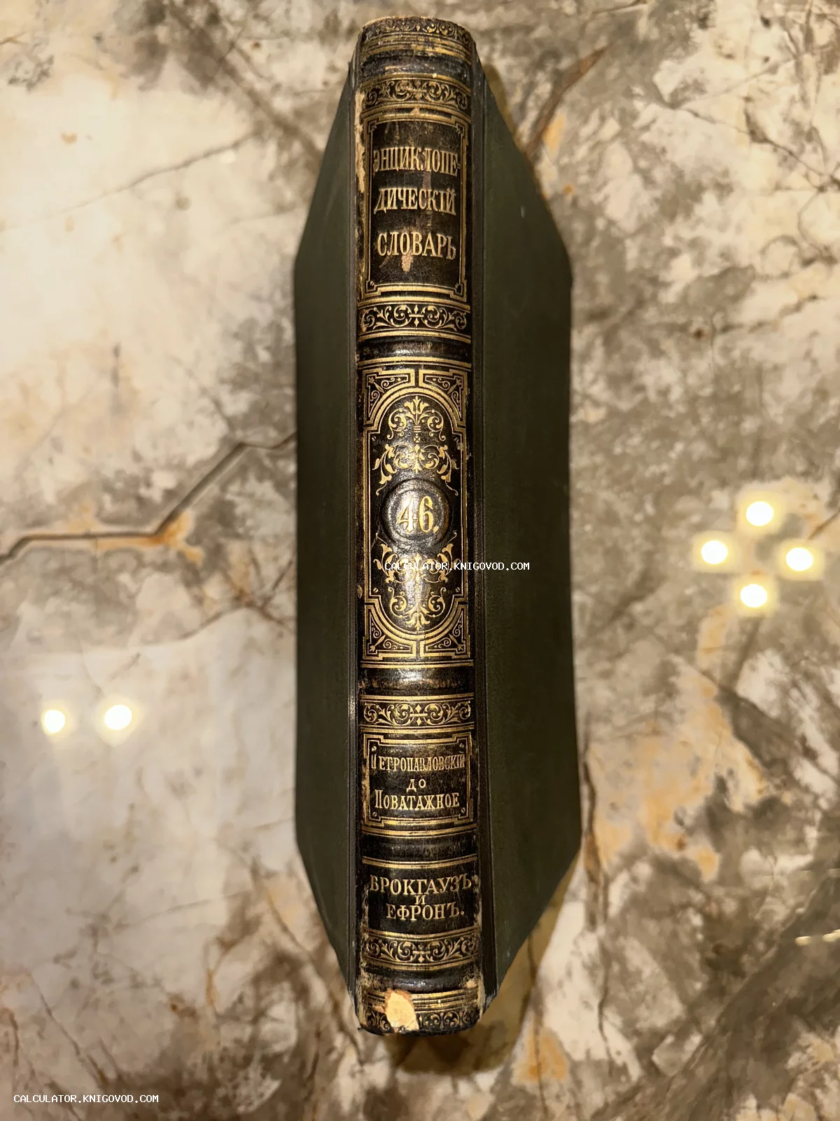 Корешок антикварной книги «Энциклопедический словарь Брокгауза и Ефрона» с золотым тиснением на фоне мрамора.