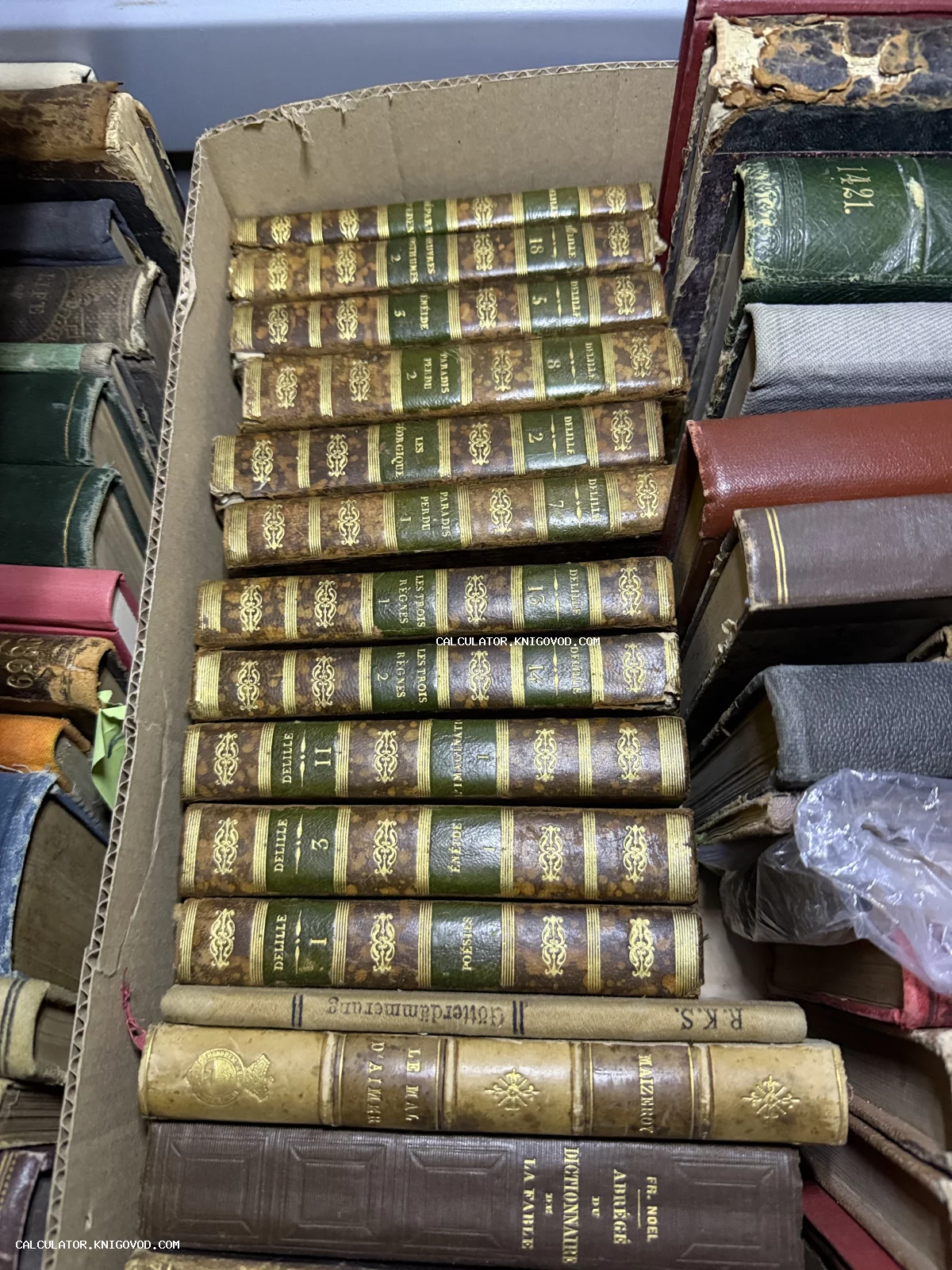 Ряд старинных книг с кожаными корешками и золотым тиснением, уложенных в коробку.