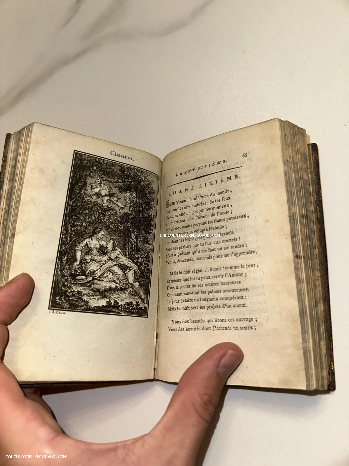 Разворот старинной книги на французском языке с аллегорической гравюрой, на которой изображены влюбленные и купидон в лесу.