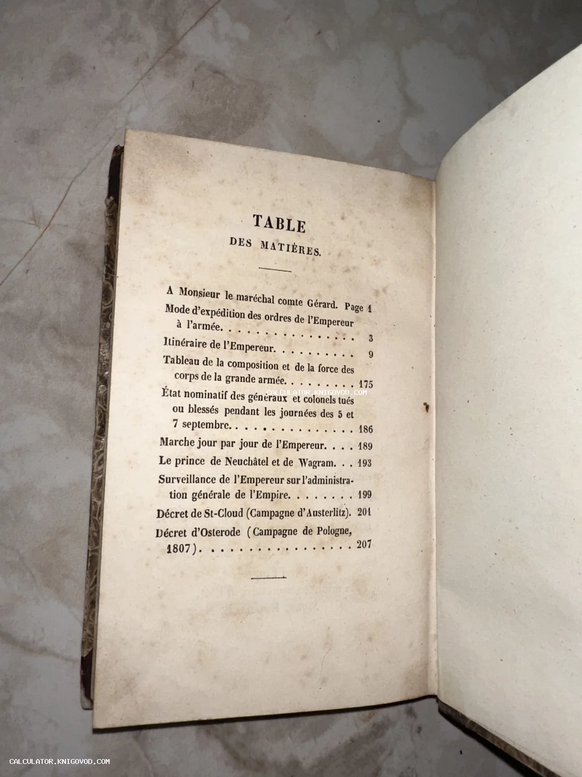 Старинная книжная страница с заголовком Table des Matières на французском языке, описывающая военные походы Наполеона.