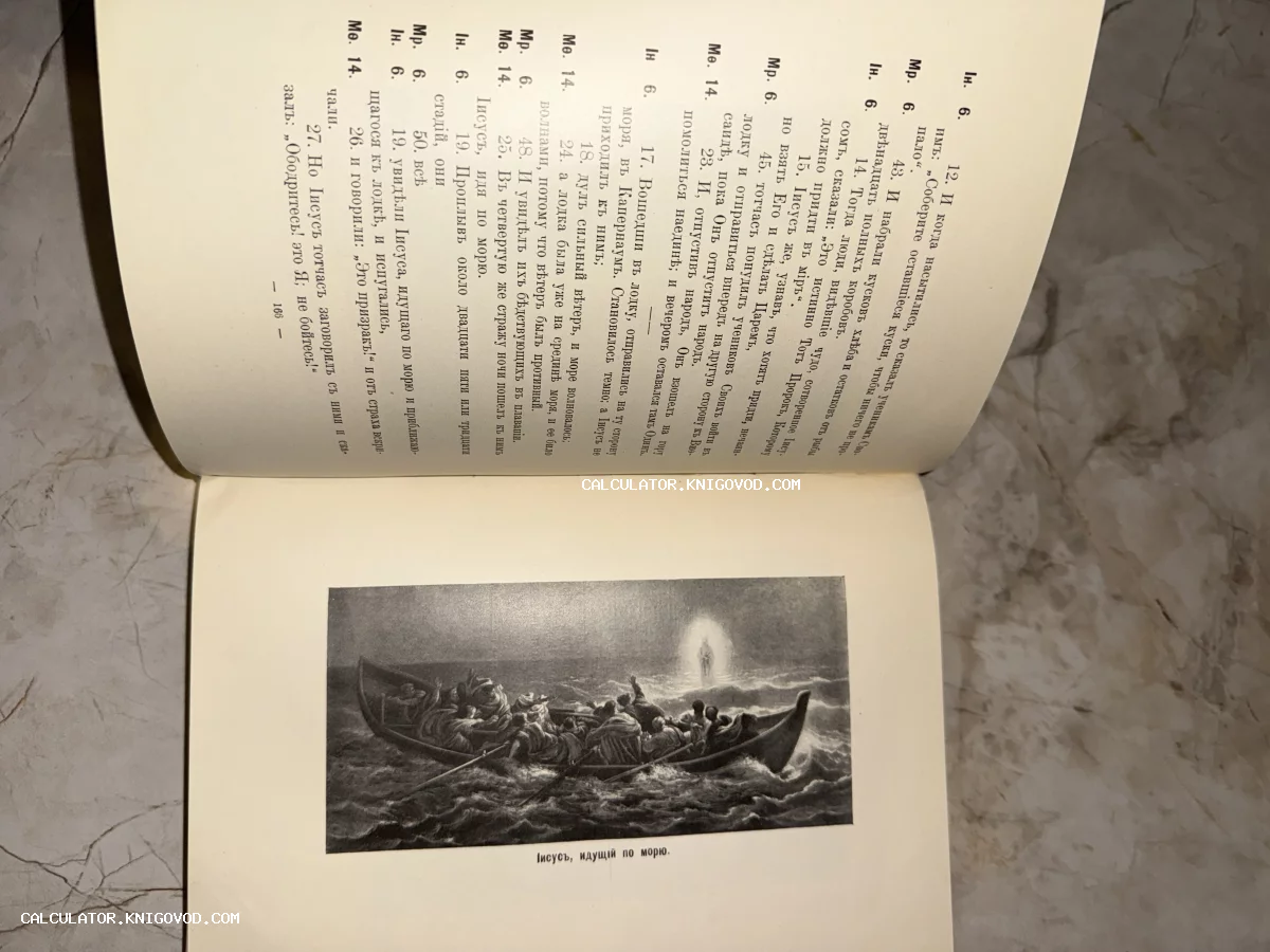 Разворот антикварной книги с текстом на дореволюционном русском языке и черно-белой иллюстрацией библейского сюжета.