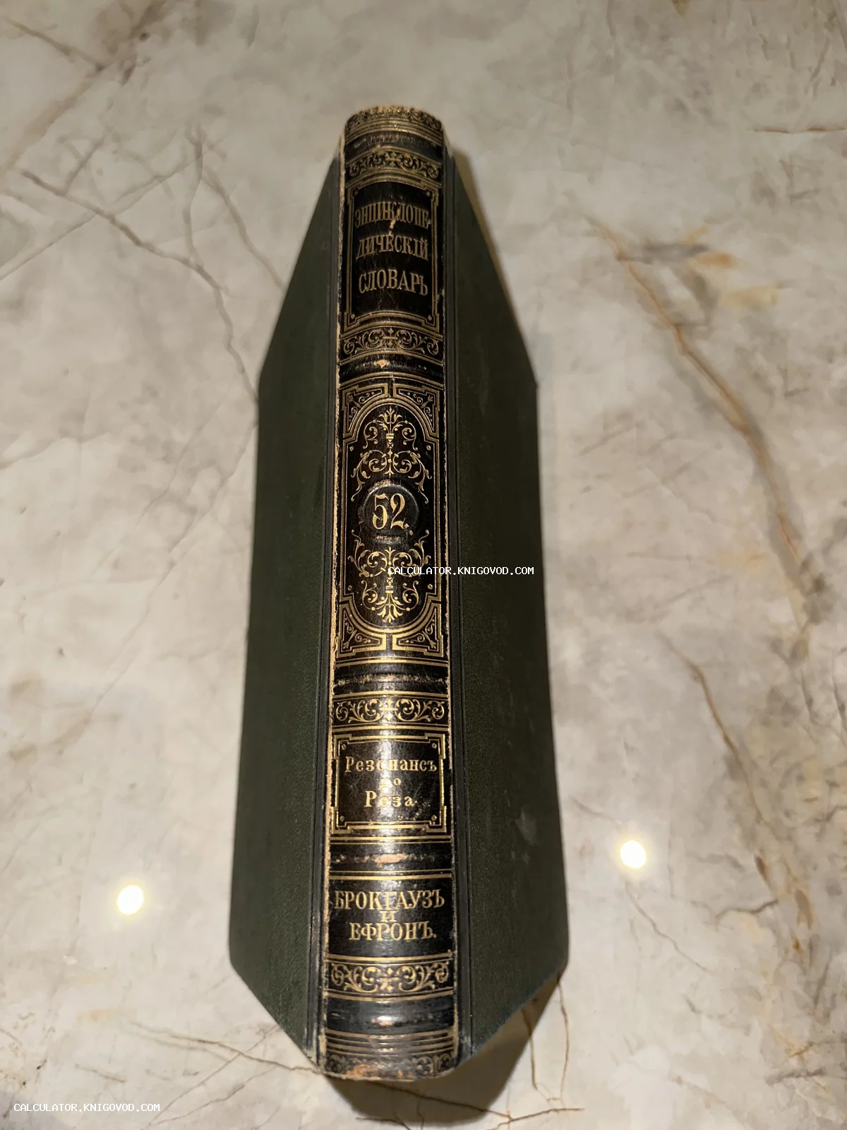 Корешок антикварной книги в кожаном переплете с золотым тиснением: Энциклопедический словарь Брокгауза и Ефрона, том 52.