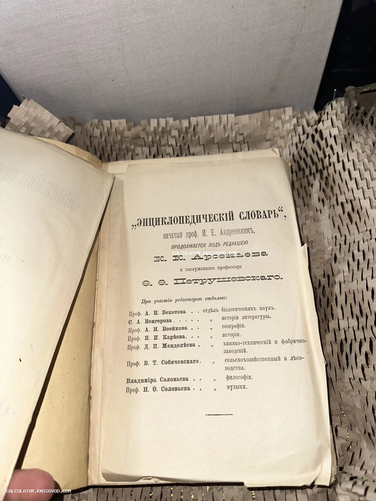 Старинная книга, открытая на титульной странице с надписью «Энциклопедический словарь» под редакцией Арсеньева и Петрушевского.