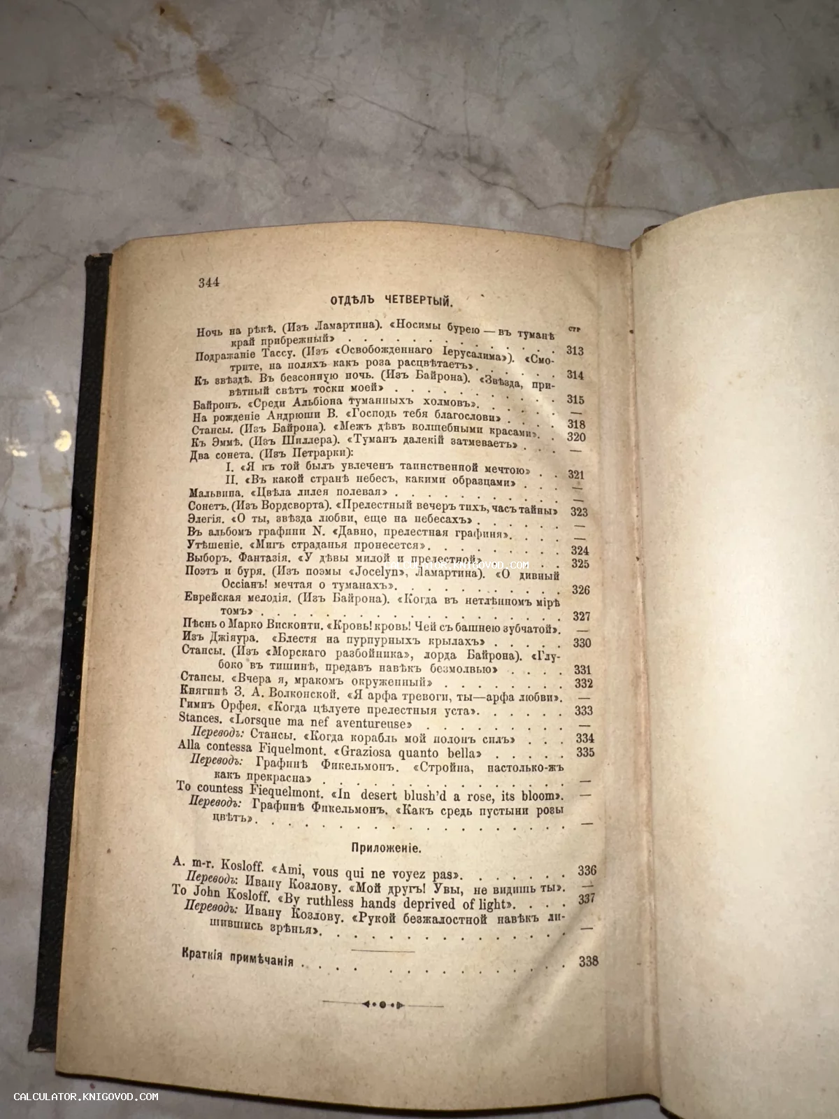 Страница старинной книги с оглавлением на дореволюционном русском языке, содержащая список стихотворений Байрона, Шиллера и Петрарки.