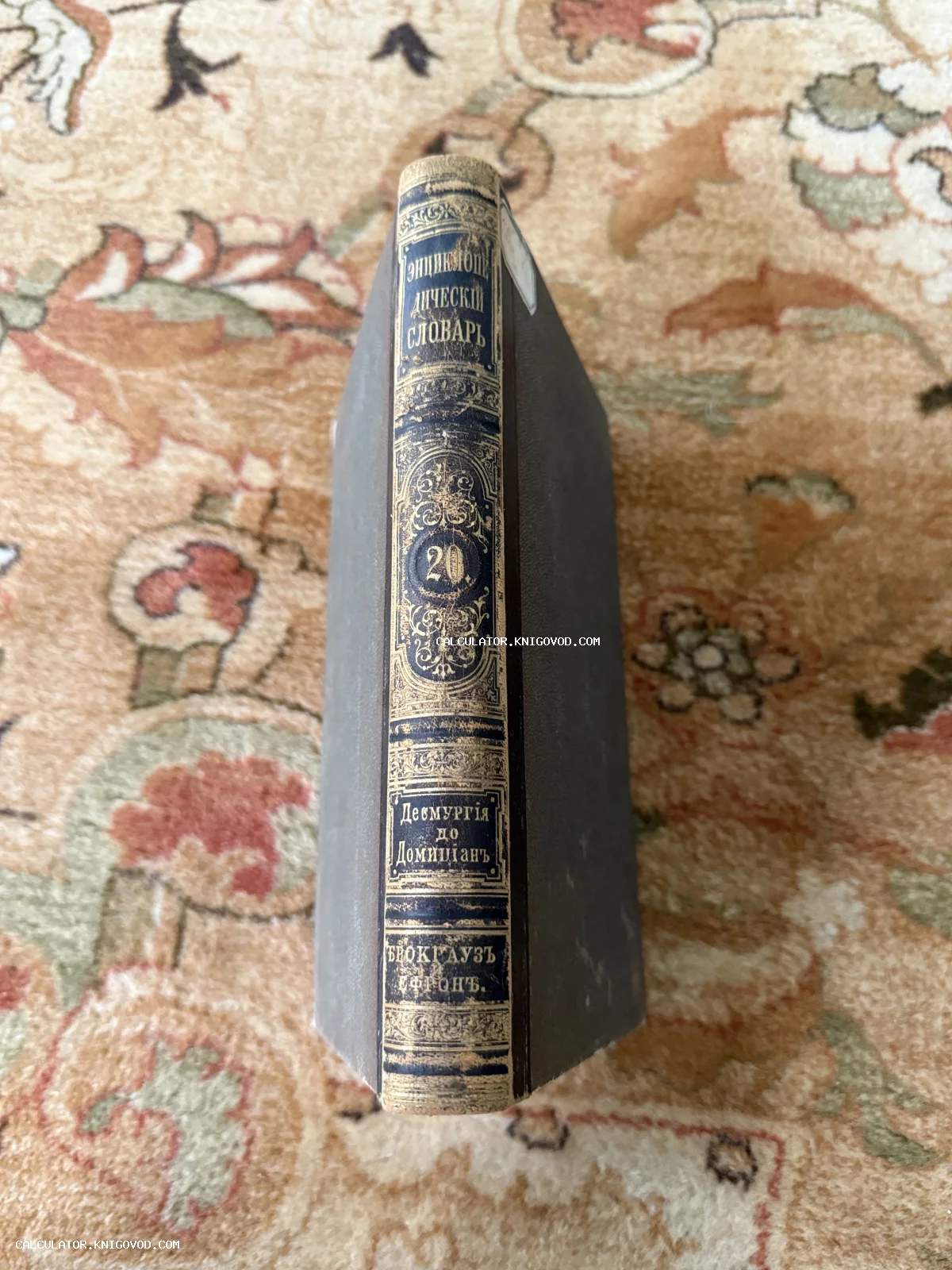 Корешок антикварной книги в полукожаном переплете с золотым тиснением: Энциклопедический словарь Брокгауза и Ефрона.