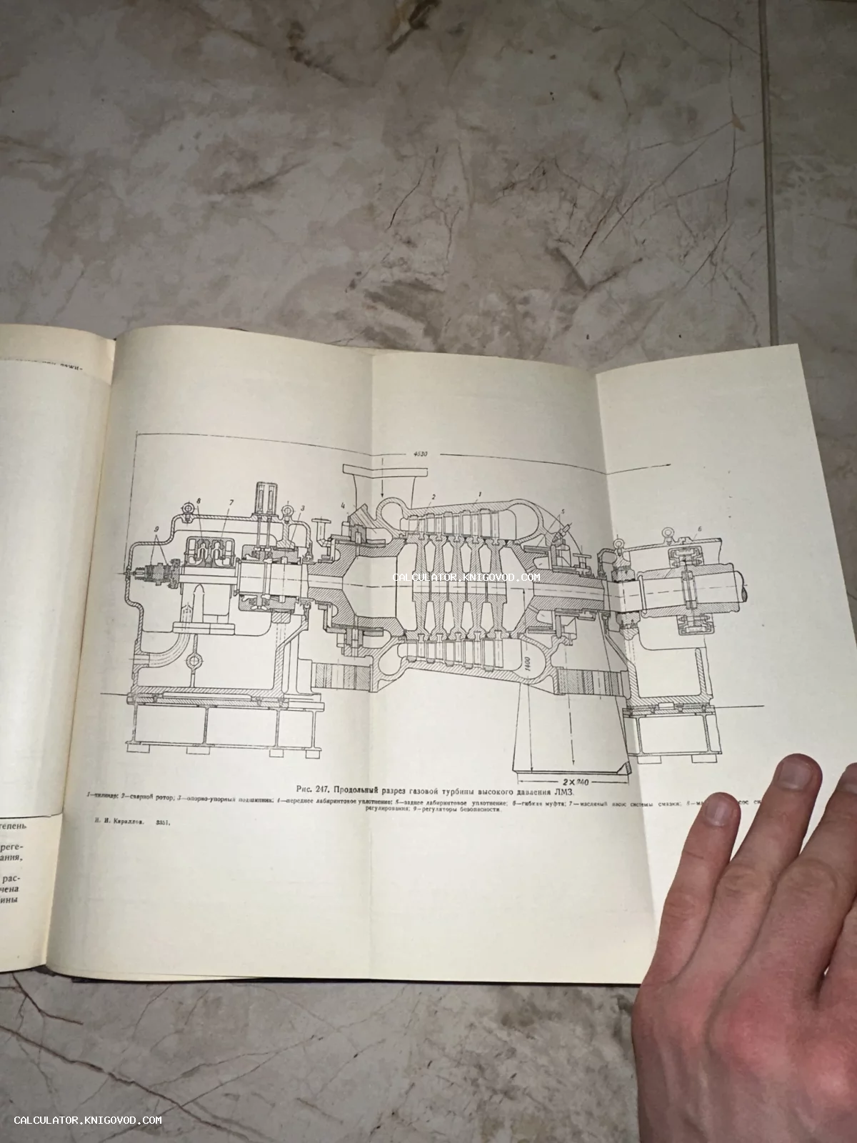 Техническая иллюстрация из советской книги с подробным продольным разрезом газовой турбины Ленинградского металлического завода.