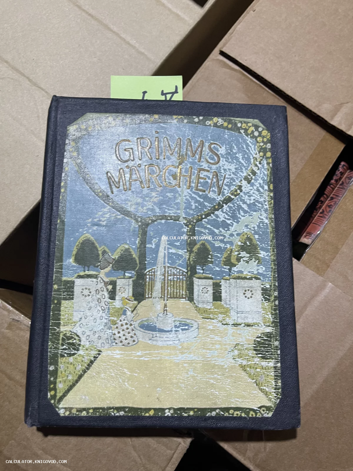 Книга «Grimms Märchen» в темном переплете с цветной иллюстрацией сада и фонтана на обложке.