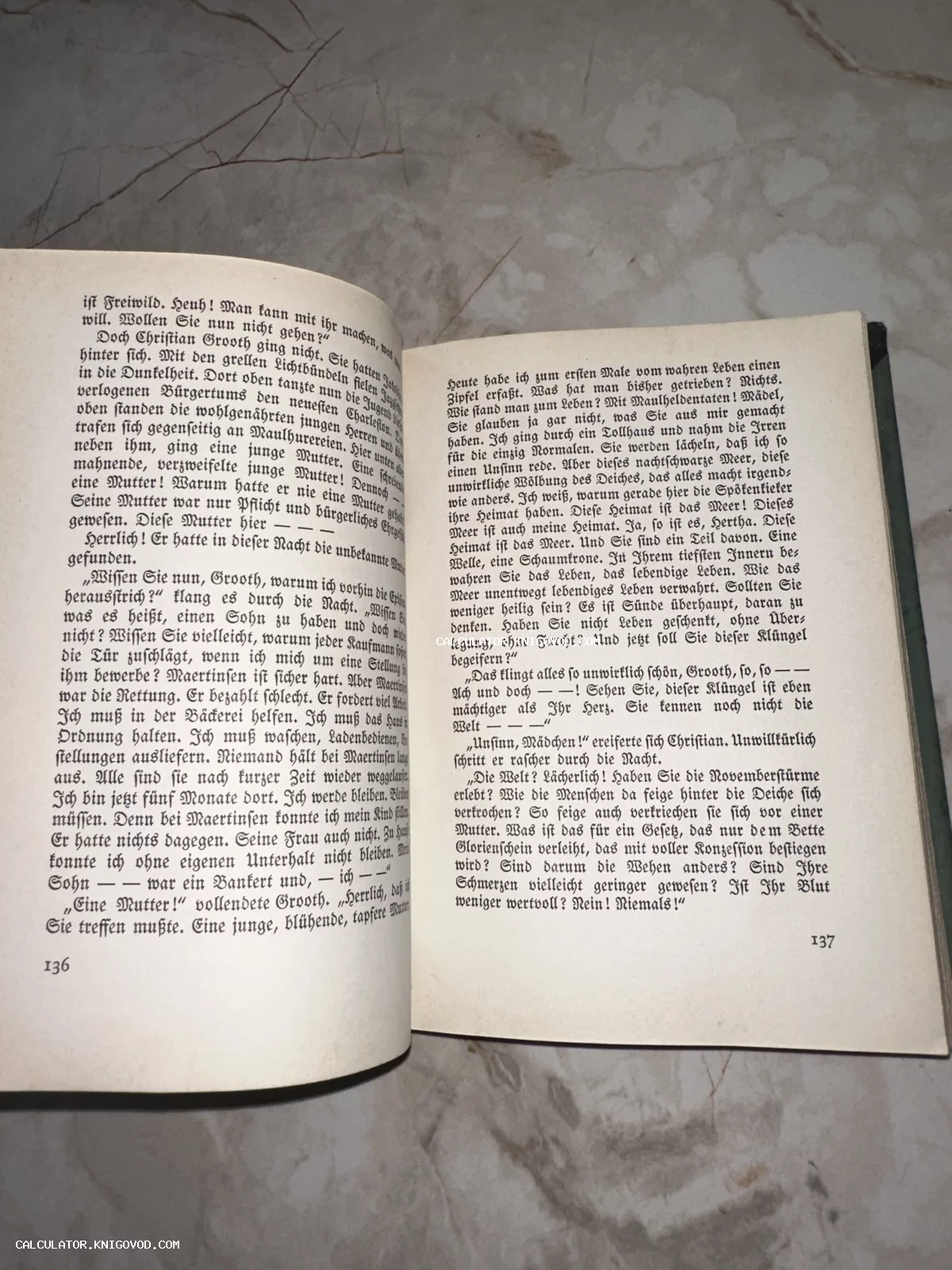 Разворот старой книги на немецком языке, страницы номер 136 и 137, четкий типографский шрифт.