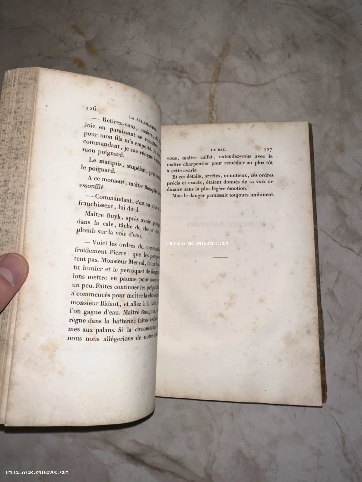 Разворот старинной книги на французском языке с пожелтевшими от времени страницами и антикварным шрифтом.