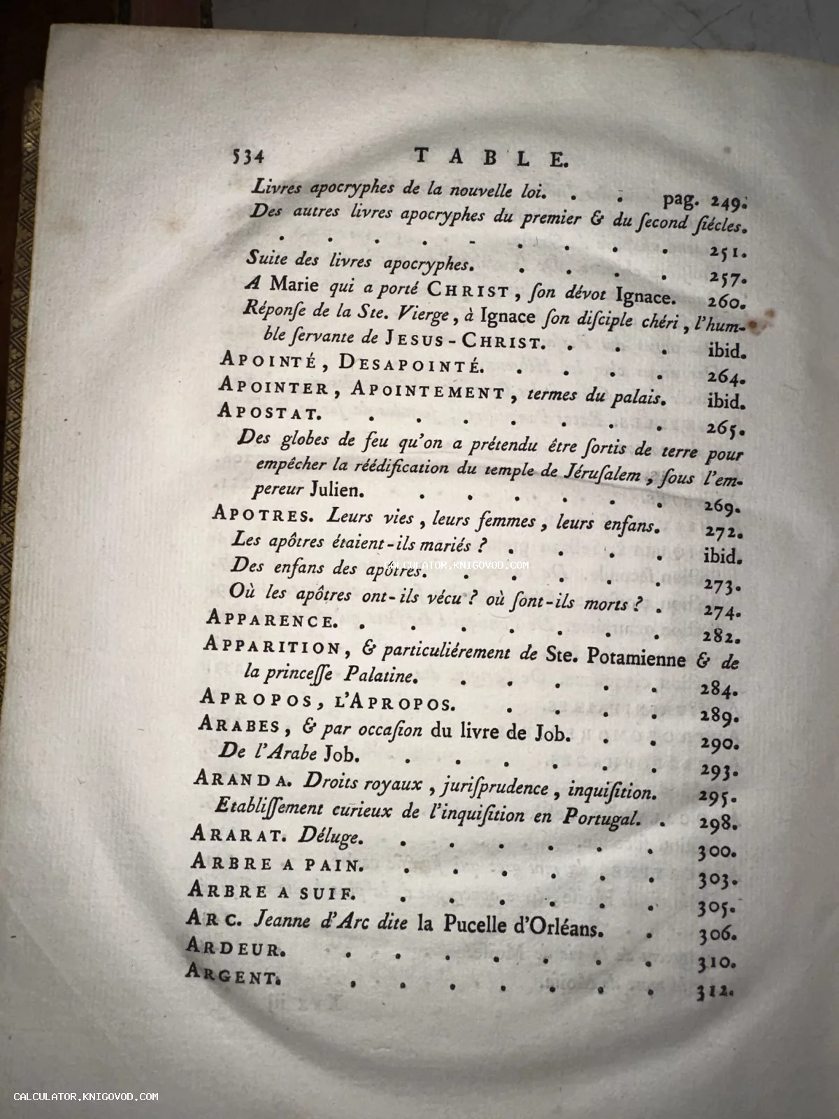 Старинная печатная страница на французском языке с заголовком TABLE и списком тем, включающим упоминания Жанны д'Арк и религиозных текстов.