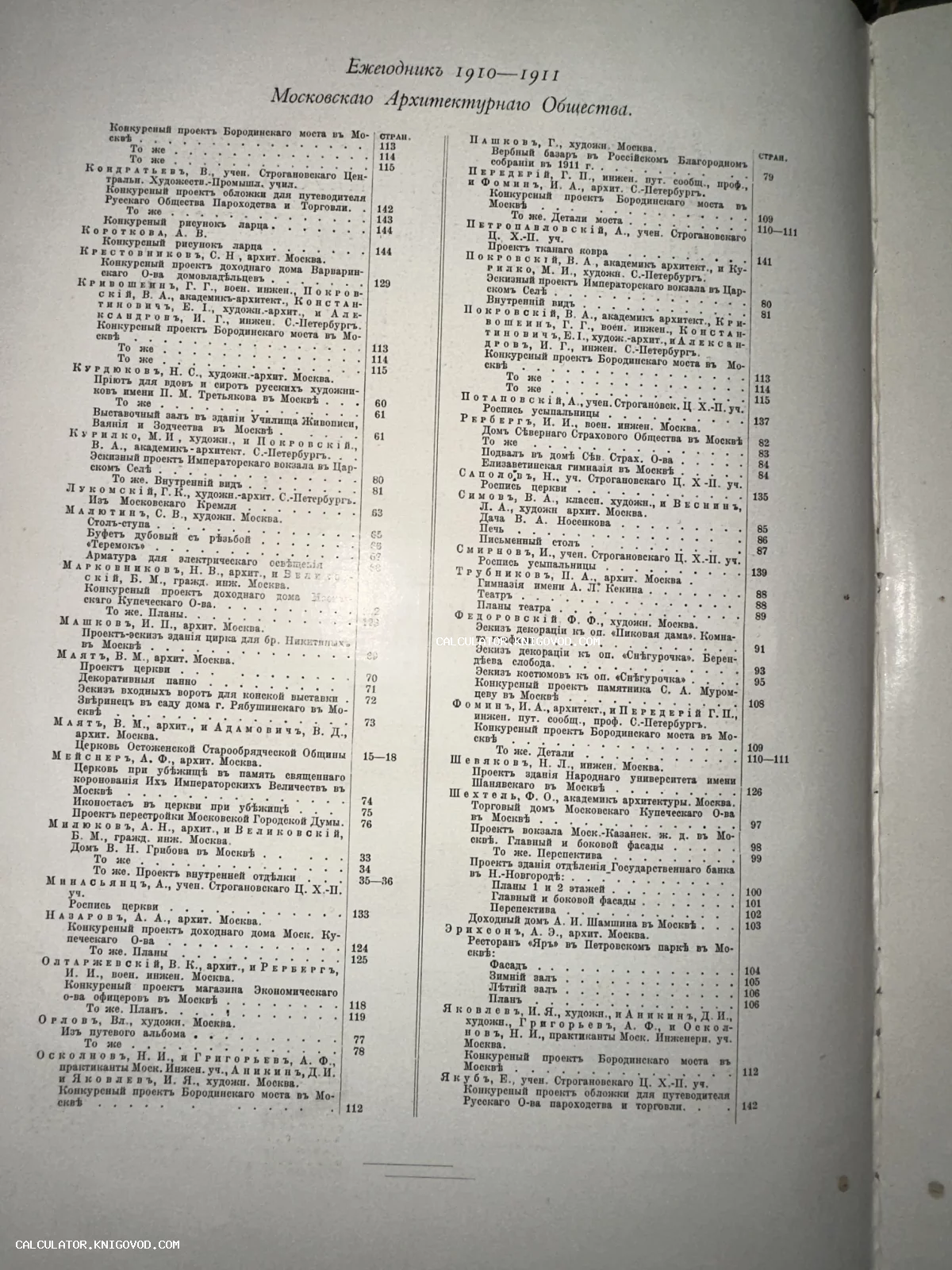Черно-белое фото страницы оглавления антикварного архитектурного издания со списком авторов и проектов.