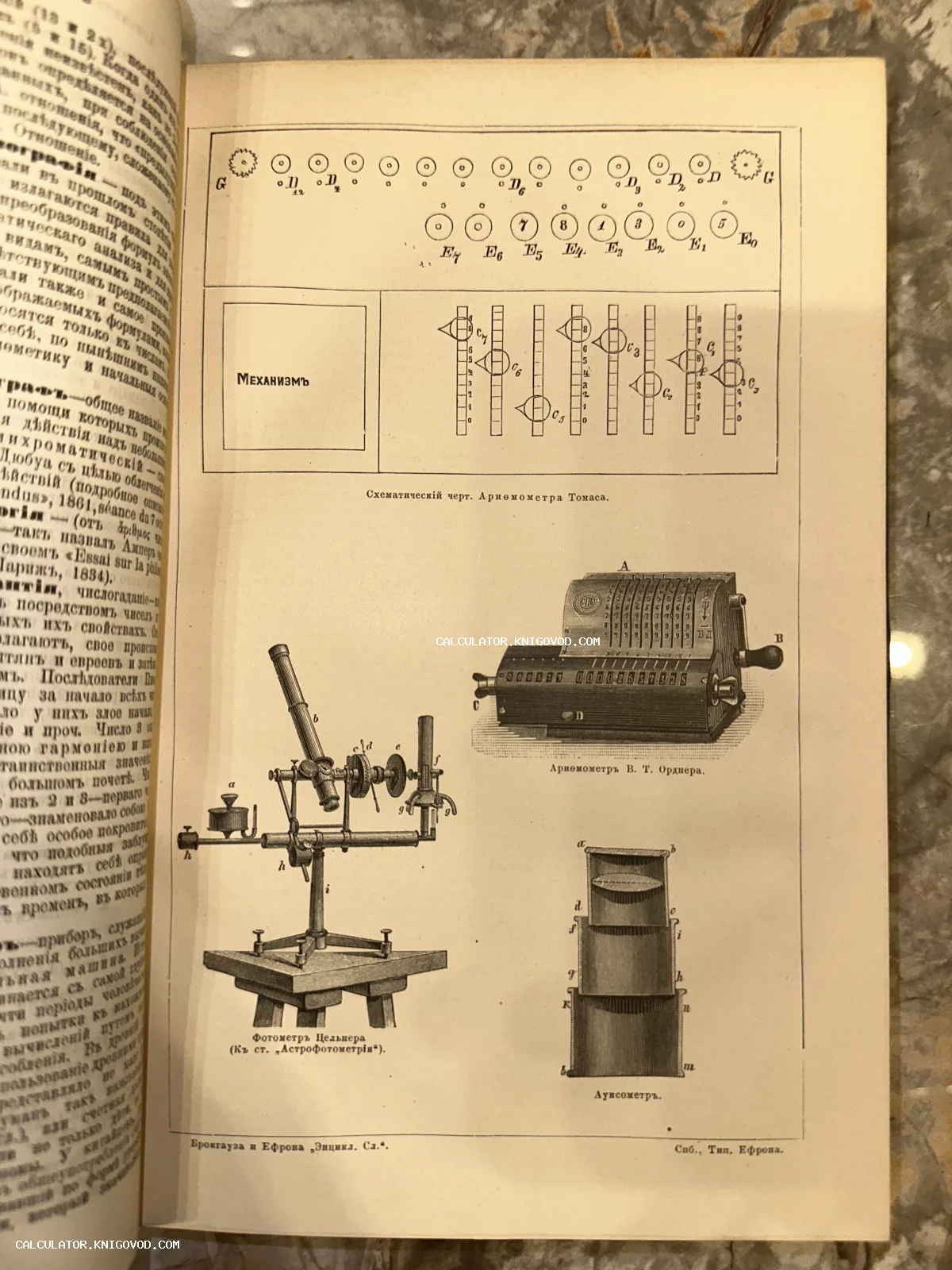 Страница старинной энциклопедии с чертежами и гравюрами арифмометра Томаса, фотометра Цельнера и ауксометра.