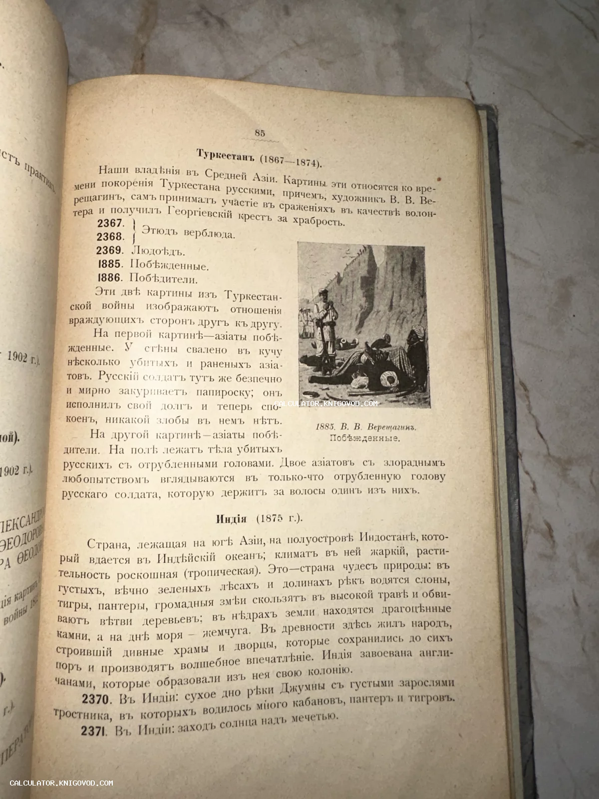 Разворот старинной книги со страницей 85, содержащей текст о Туркестане и Индии и репродукцию картины В. В. Верещагина «Побежденные».