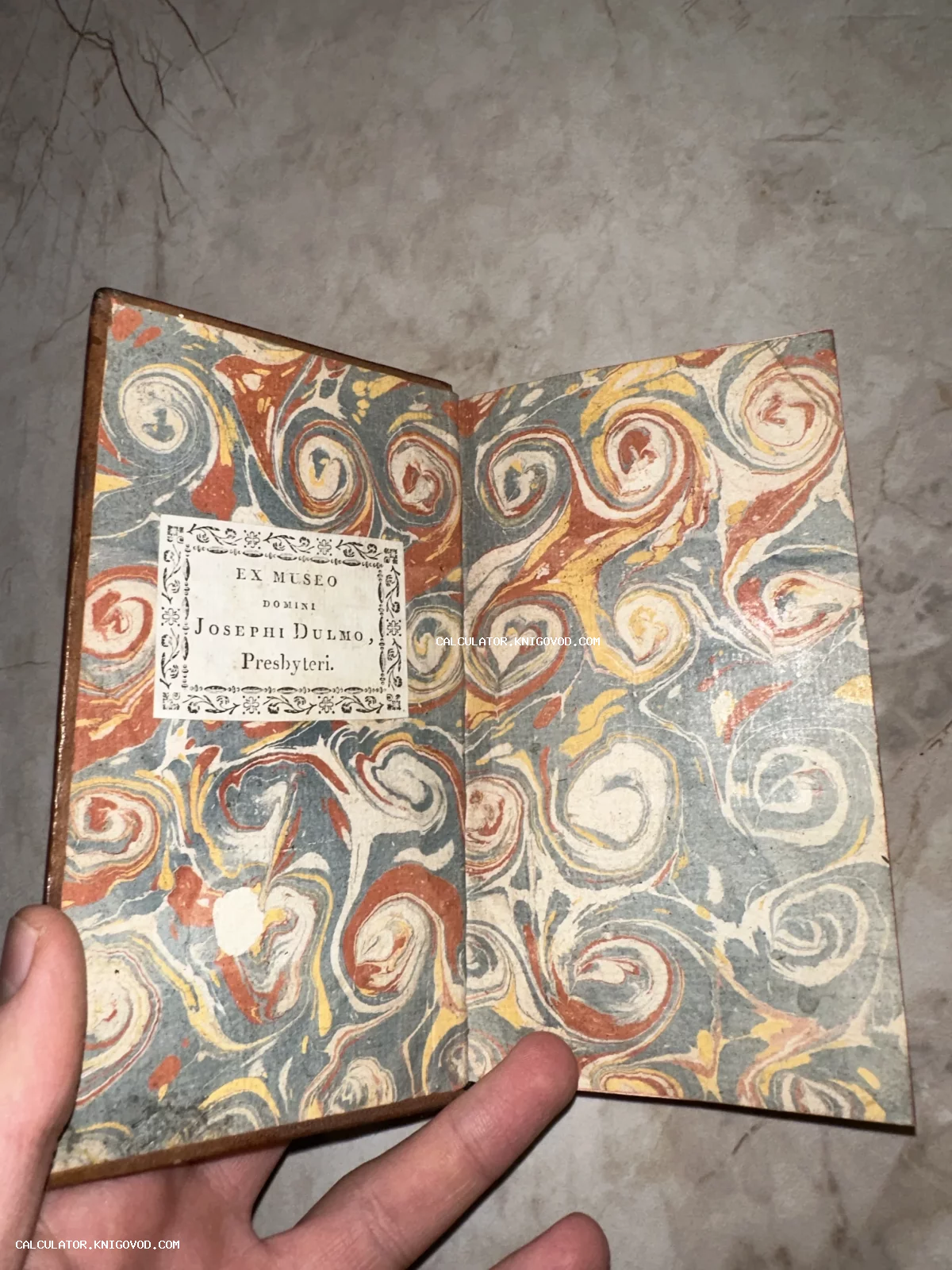 Разворот старинной книги с яркой мраморной бумагой и книжным знаком Ex Museo Josephi Dulmo.
