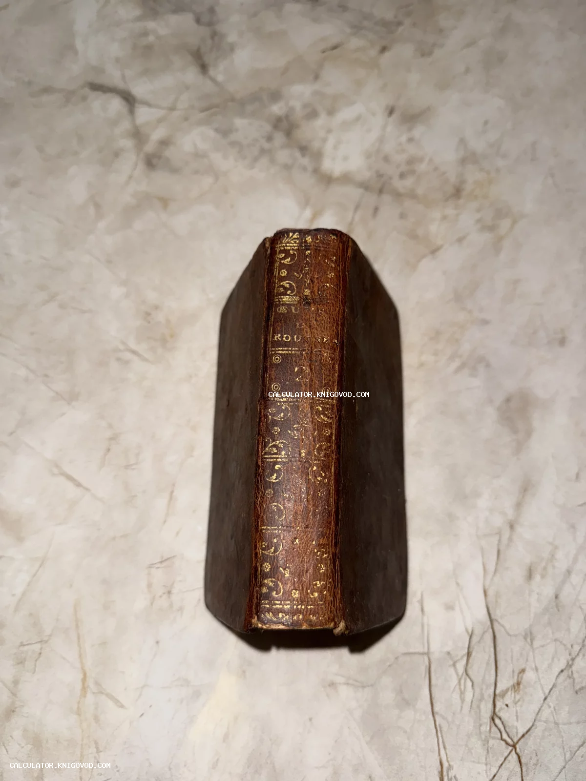 Вид сверху на корешок старинной книги из коричневой кожи с золотым орнаментальным тиснением на светлом мраморном фоне.