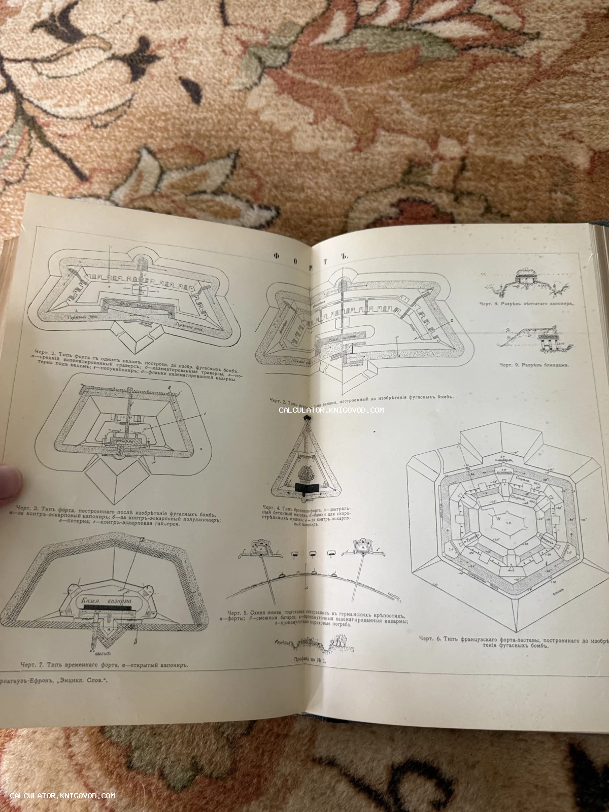 Разворот антикварной книги с инженерными схемами и планами различных типов военных фортов.