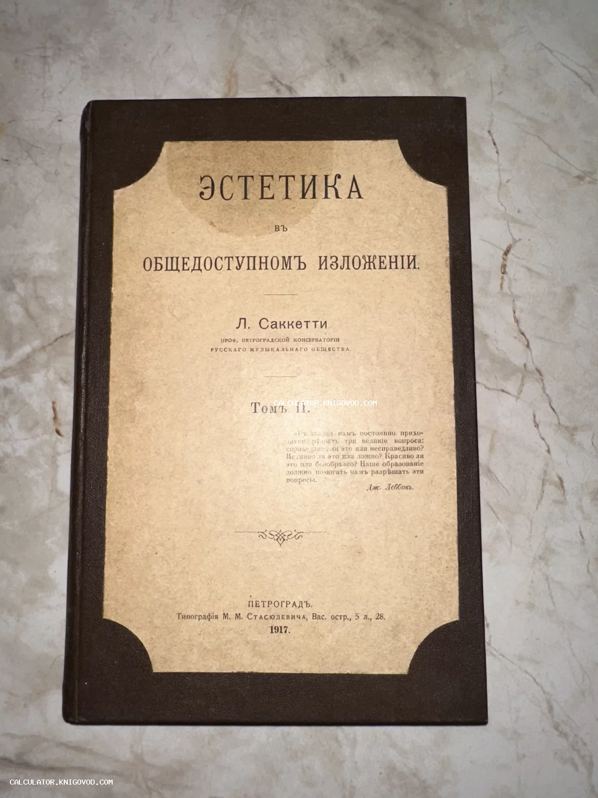 Обложка антикварной книги Л. Саккетти «Эстетика в общедоступном изложении», том второй, Петроград, 1917 год.