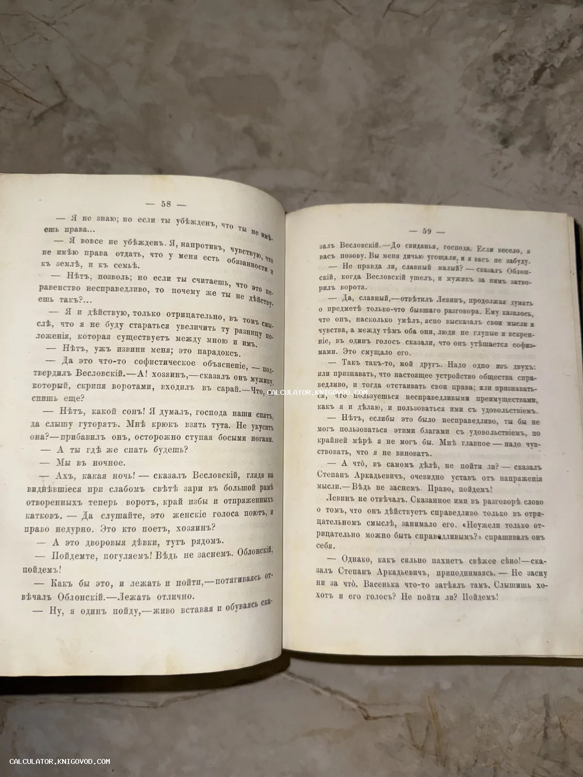 Разворот антикварной книги с текстом на дореволюционном русском языке, страницы 58 и 59, диалог персонажей Левина и Облонского.
