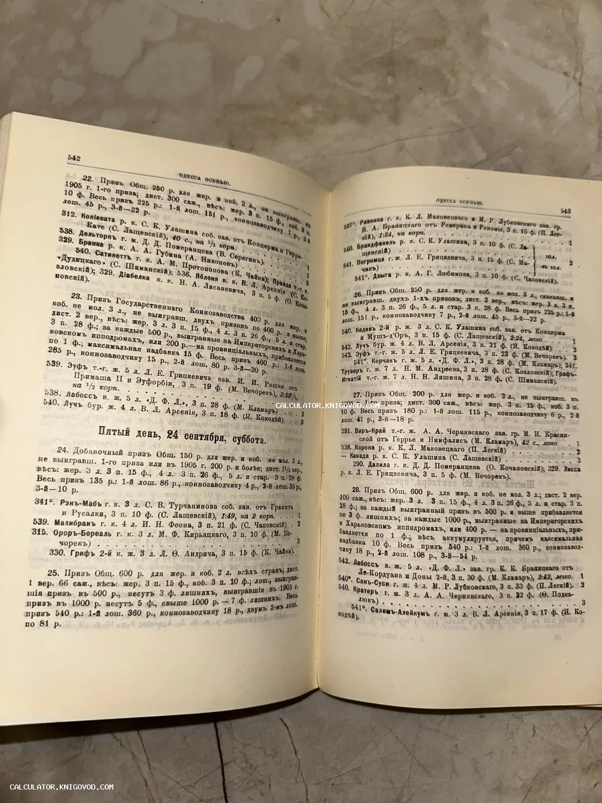 Разворот антикварной книги с текстом на дореволюционном русском языке, содержащим списки призов и участников скачек в Одессе.