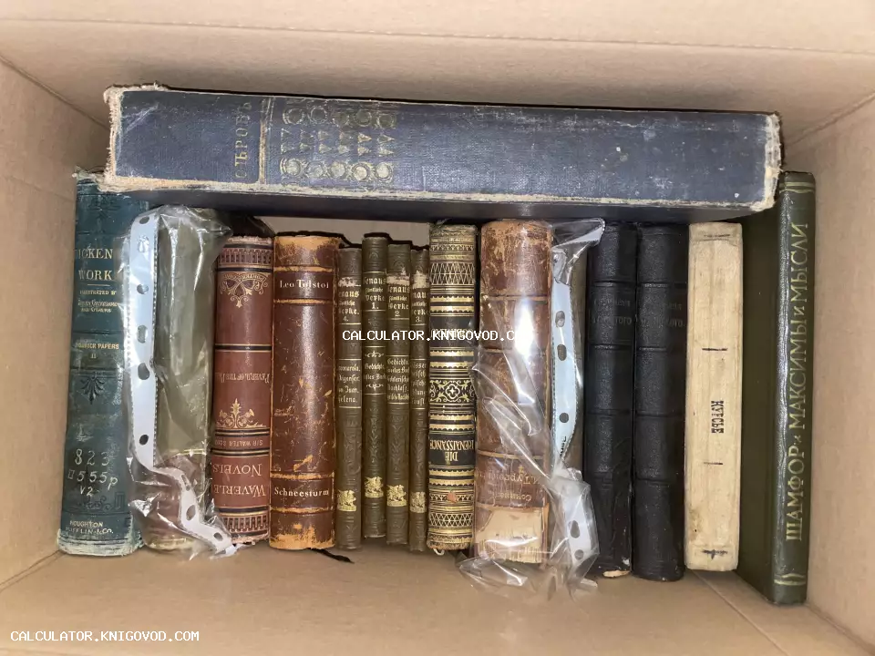 Коллекция старинных книг в картонной коробке, включая издания Диккенса, Толстого, Тургенева и Вальтера Скотта с золотым тиснением на корешках.