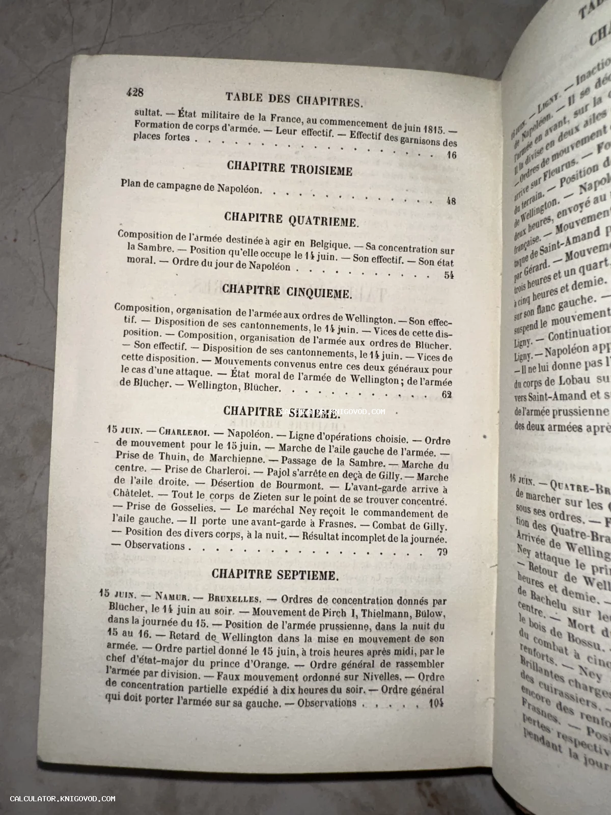 Разворот старинной книги на французском языке с оглавлением глав о военной кампании 1815 года и Наполеоне.