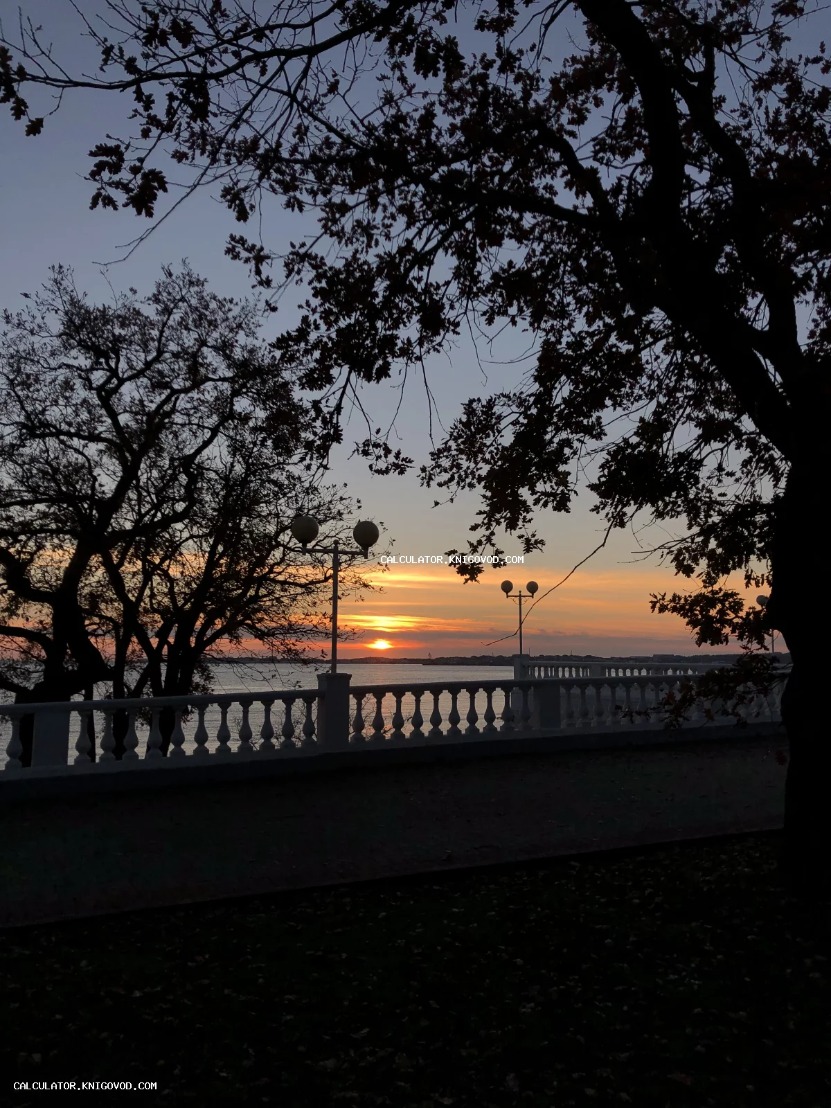 Закат над морем сквозь силуэты деревьев и классическую белую балюстраду с уличными фонарями.
