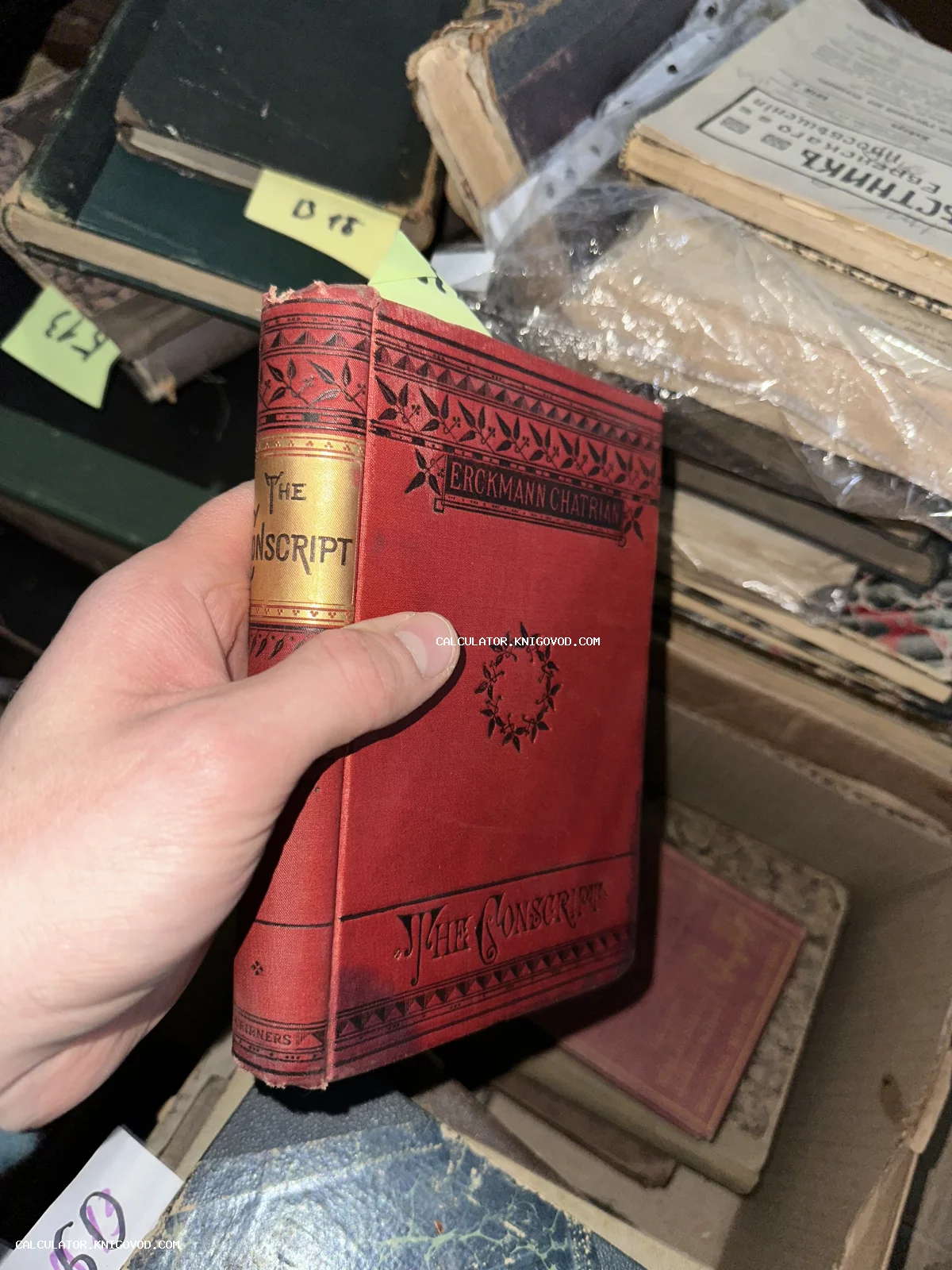 Рука держит старинную книгу в красном тканевом переплете с золотым тиснением на корешке и названием The Conscript.