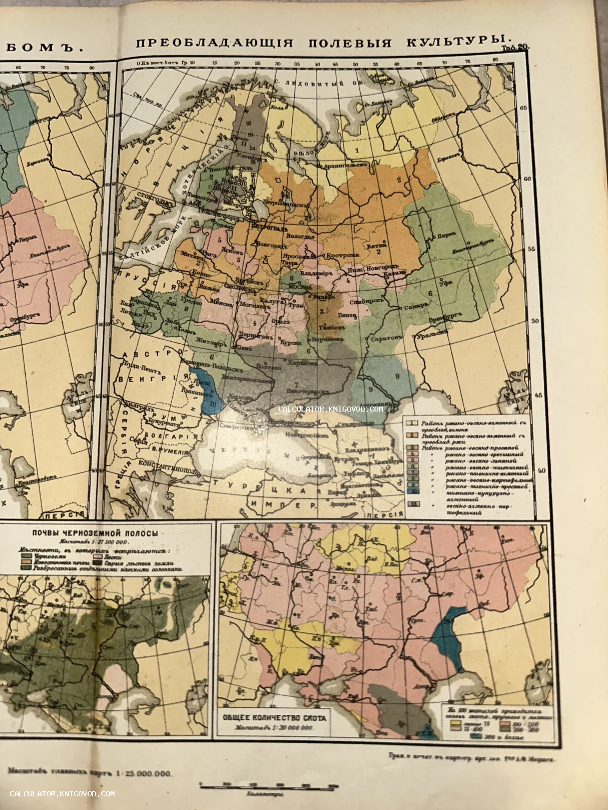 Старинная цветная карта Европейской России с легендой, показывающая распределение сельскохозяйственных культур, типы почв и количество скота.