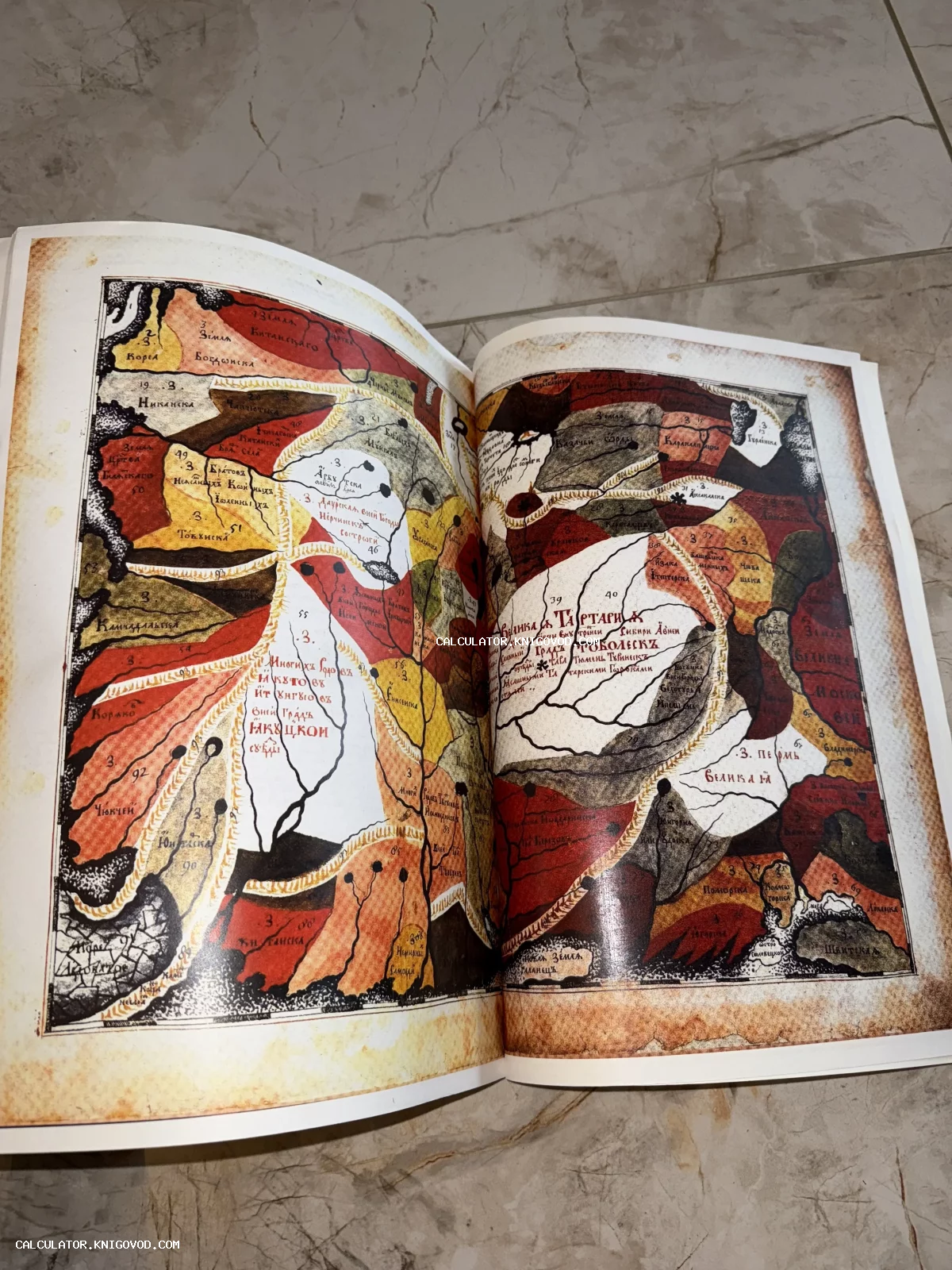 Разворот раскрытой книги с детализированной старинной картой Сибири и Дальнего Востока в ярких красных и охристых тонах.