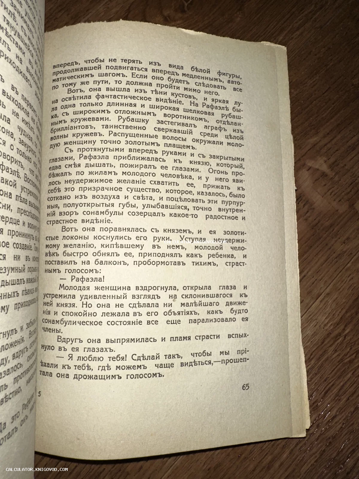 Разворот старой книги с текстом на русском языке в дореволюционной орфографии на пожелтевшей бумаге. Видна страница номер 65.