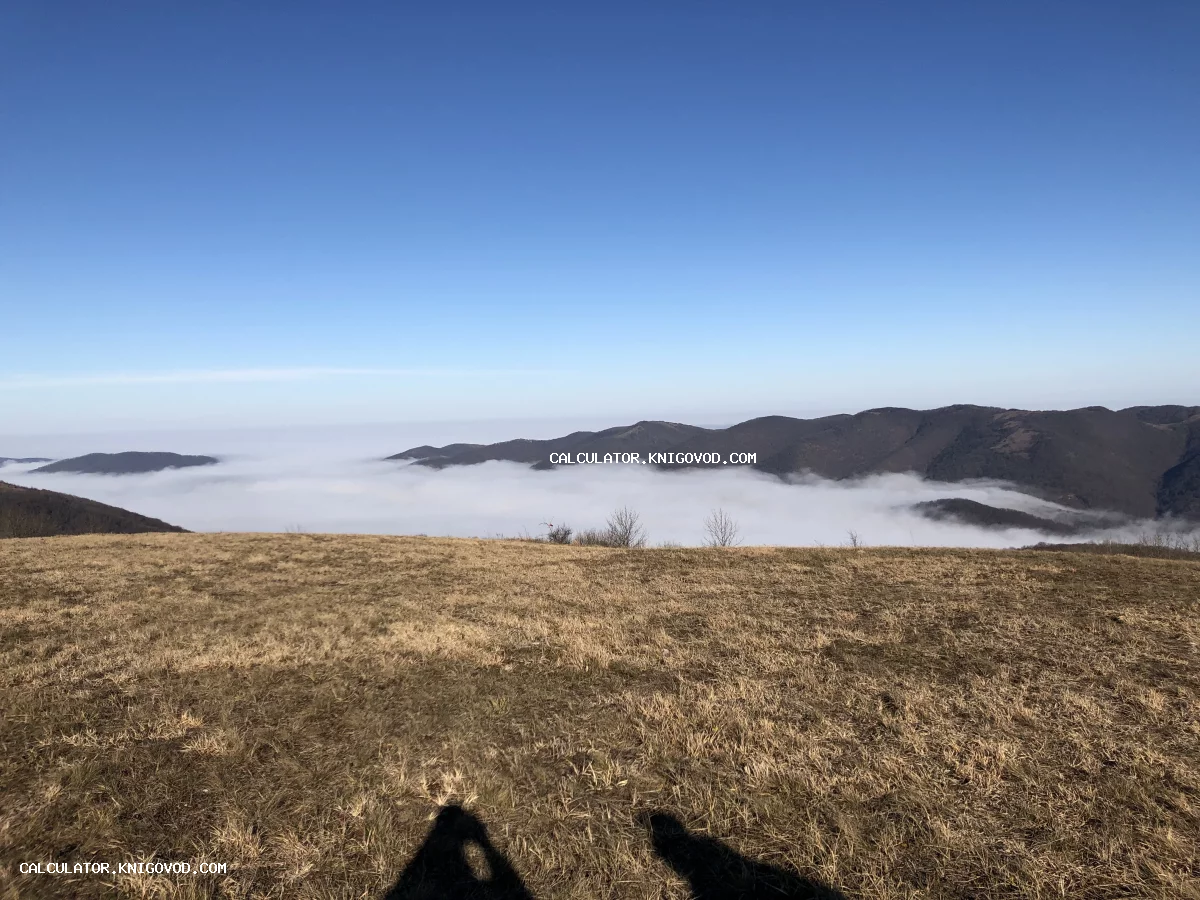 Панорамный вид с высокого плато на горные хребты, окруженные густым белым туманом под чистым синим небом.
