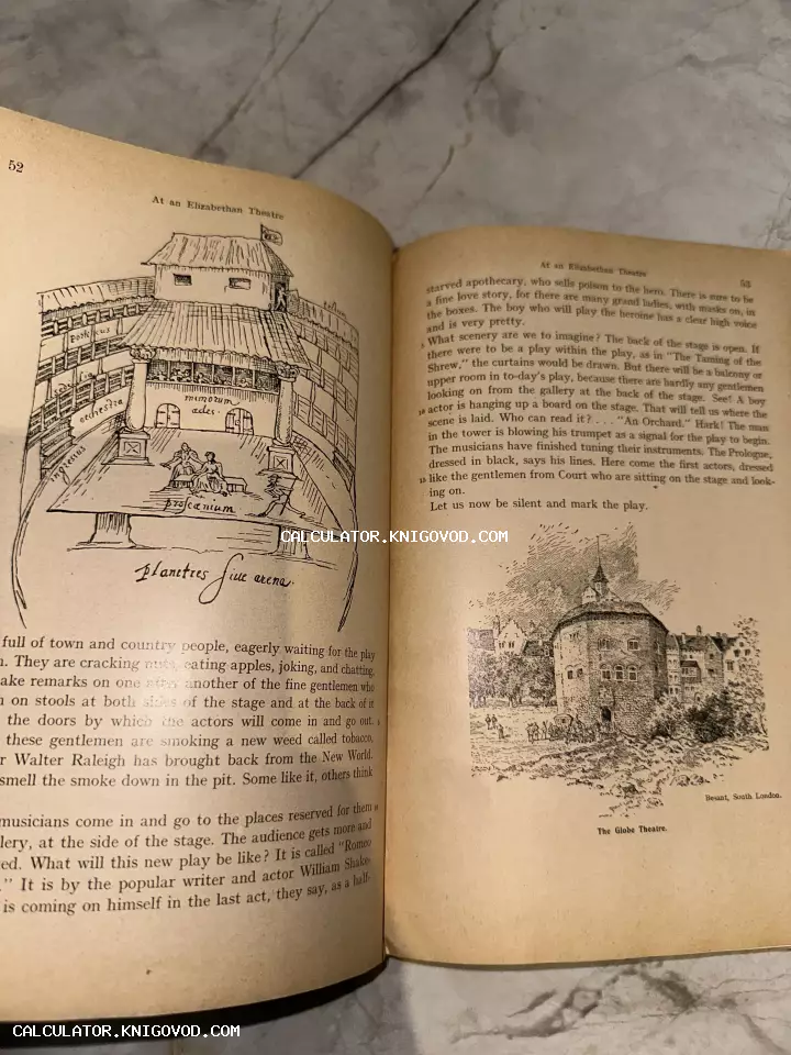 Разворот антикварной книги с чертежом внутреннего устройства и изображением фасада театра Глобус.