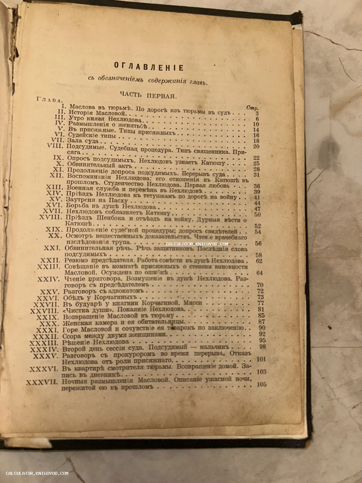 Старинная книжная страница с оглавлением первой части романа Льва Толстого «Воскресение», напечатанная дореволюционным шрифтом.