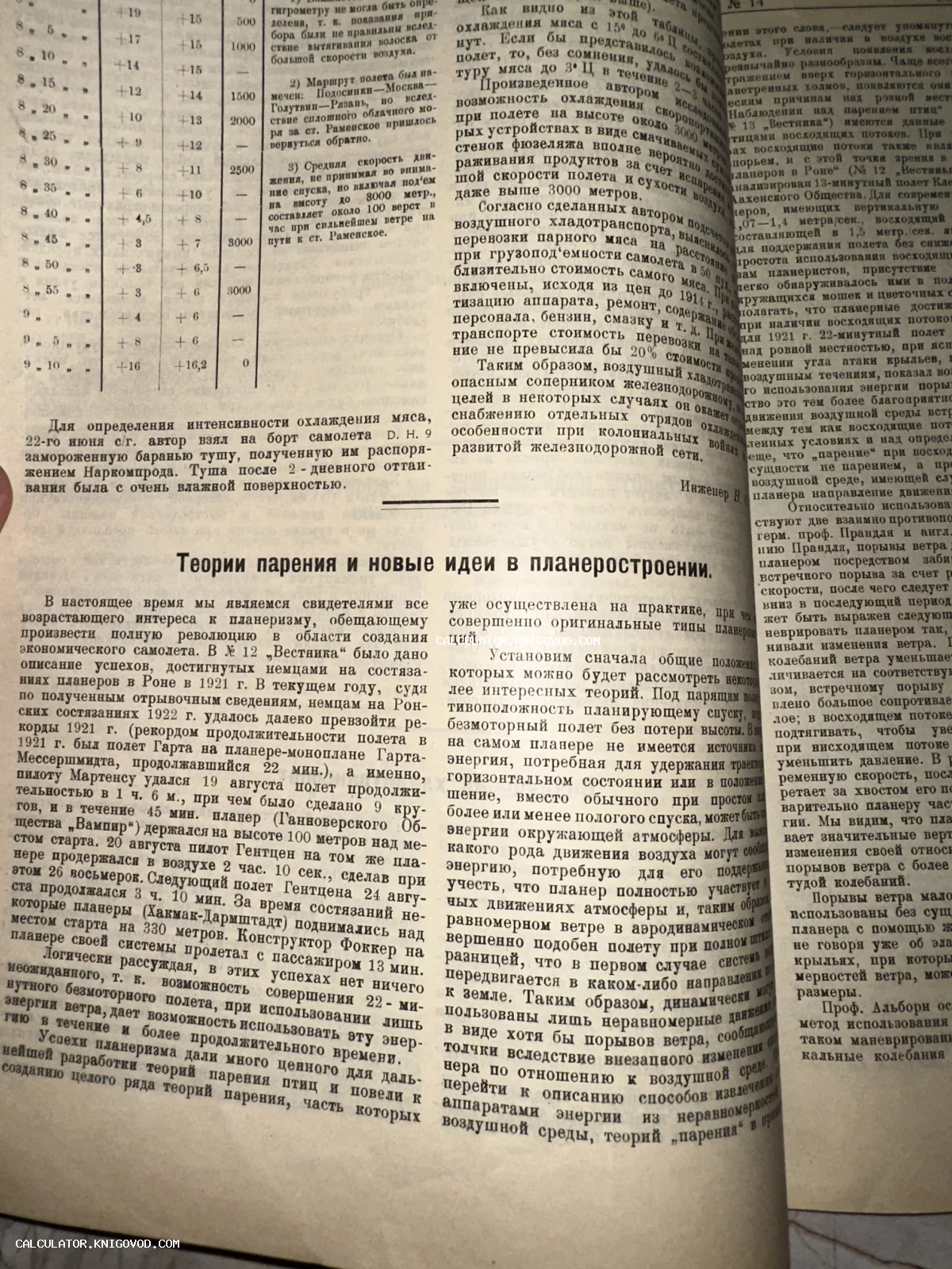 Страница старинного журнала с текстом об авиации, планеризме и таблицами технических расчетов на пожелтевшей бумаге.