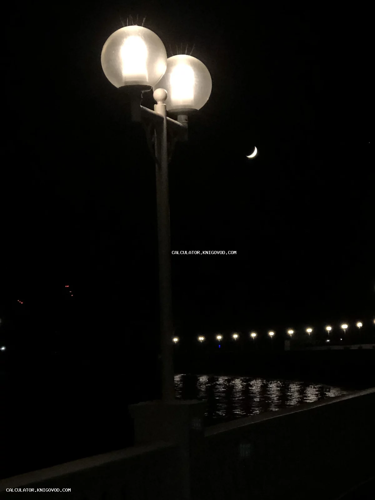Уличный фонарь с двумя круглыми светящимися плафонами на фоне ночного неба с молодым месяцем и отражениями огней в воде.