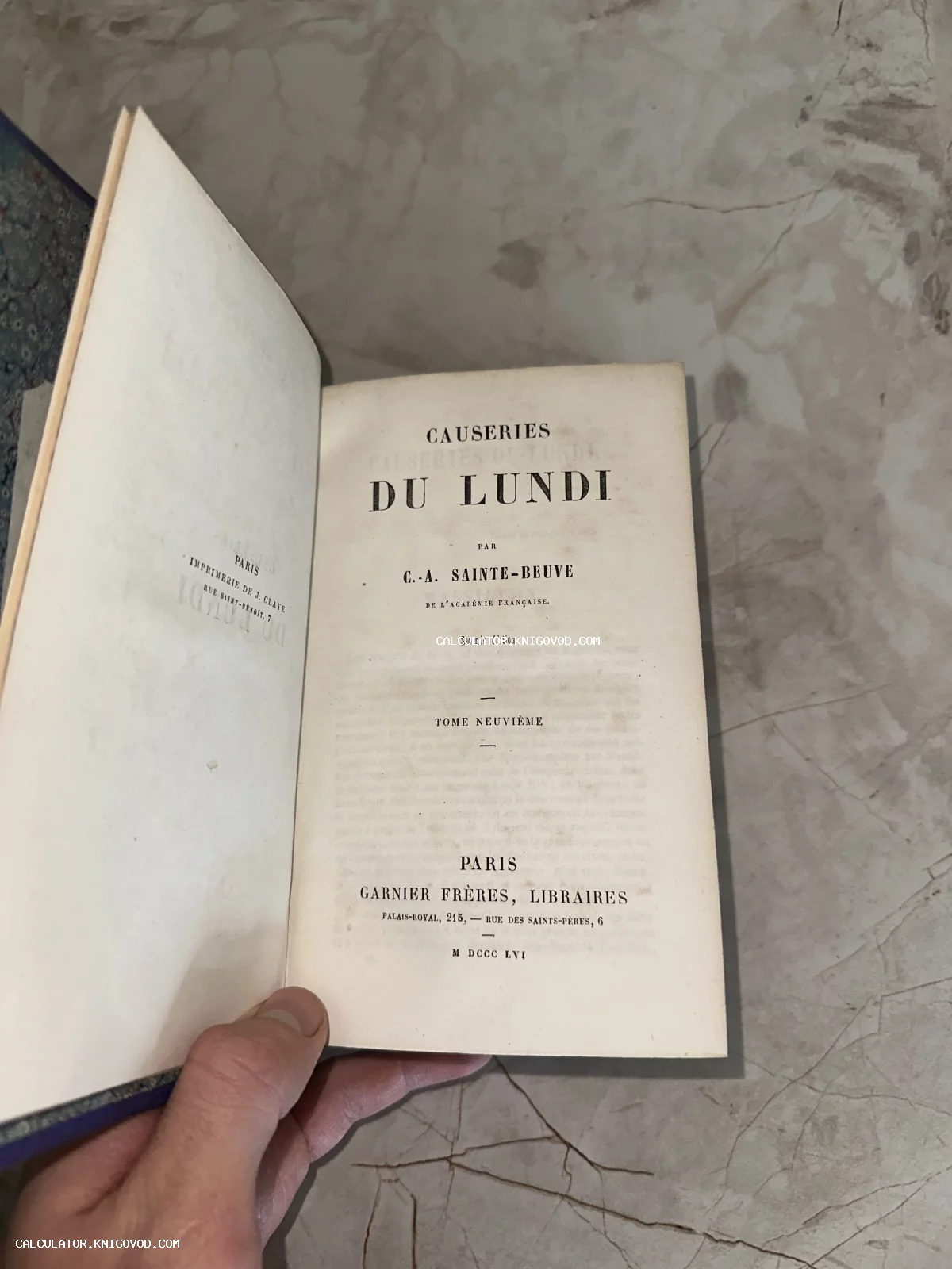 Титульный лист старинной книги на французском языке 'Causeries du Lundi' автора C.-A. Sainte-Beuve, издание Garnier Frères, Париж, 1856 год.