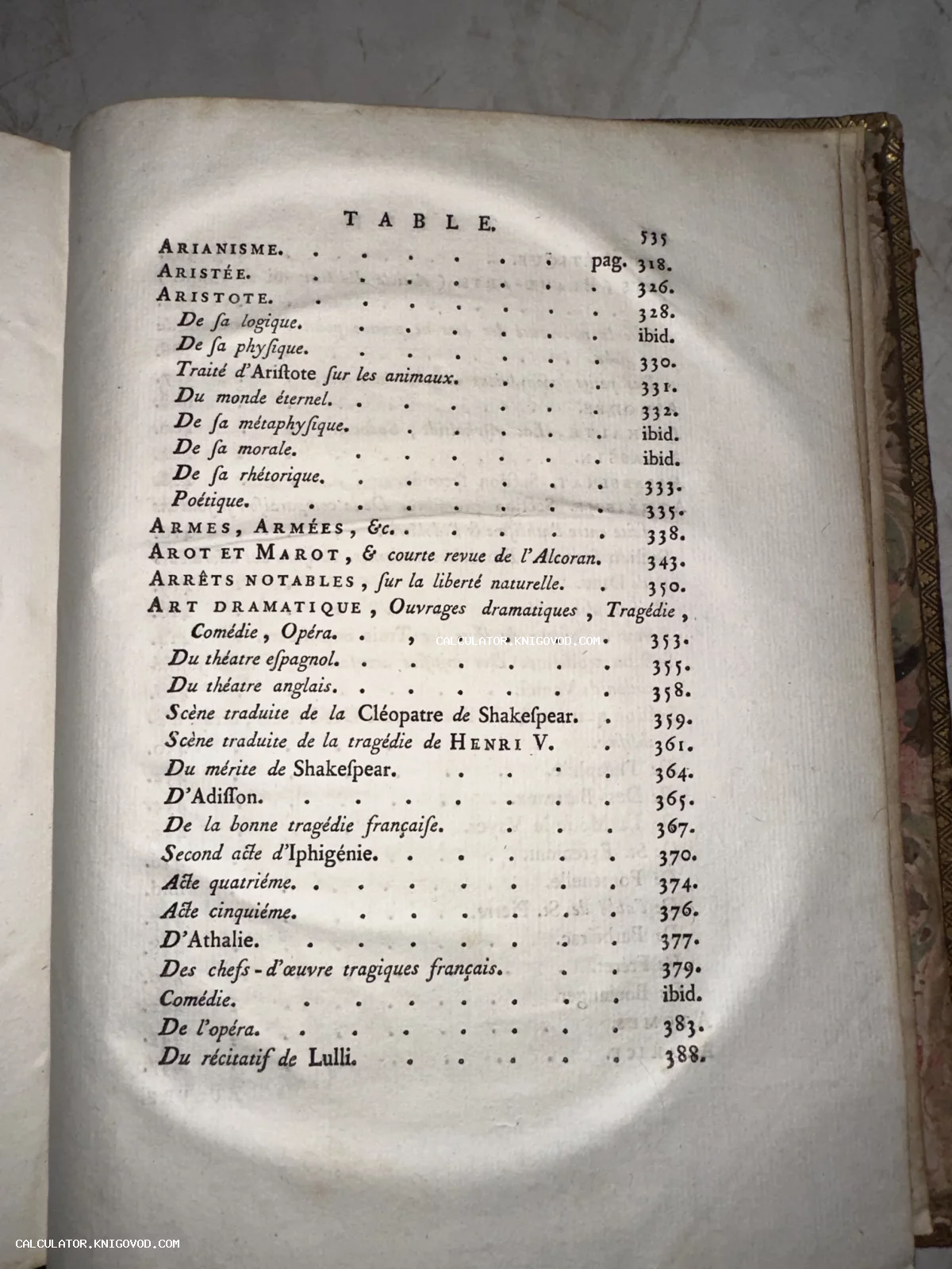 Разворот старинной книги с оглавлением на французском языке, включающим разделы об Аристотеле, Шекспире и драматическом искусстве.