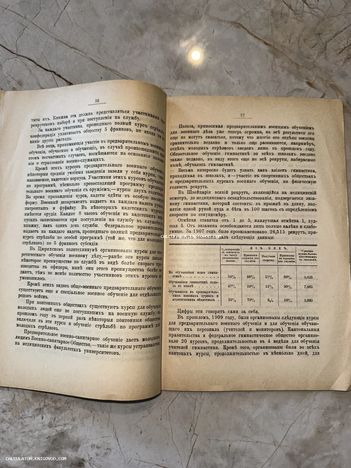 Разворот старинной книги с текстом на дореволюционном русском языке и статистической таблицей.