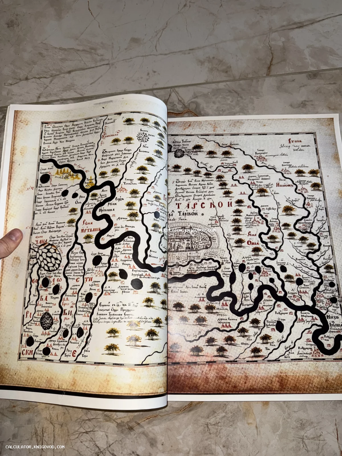 Разворот книги с детализированной старинной картой реки Иртыш и Тарского уезда, выполненной в стиле Семёна Ремезова.