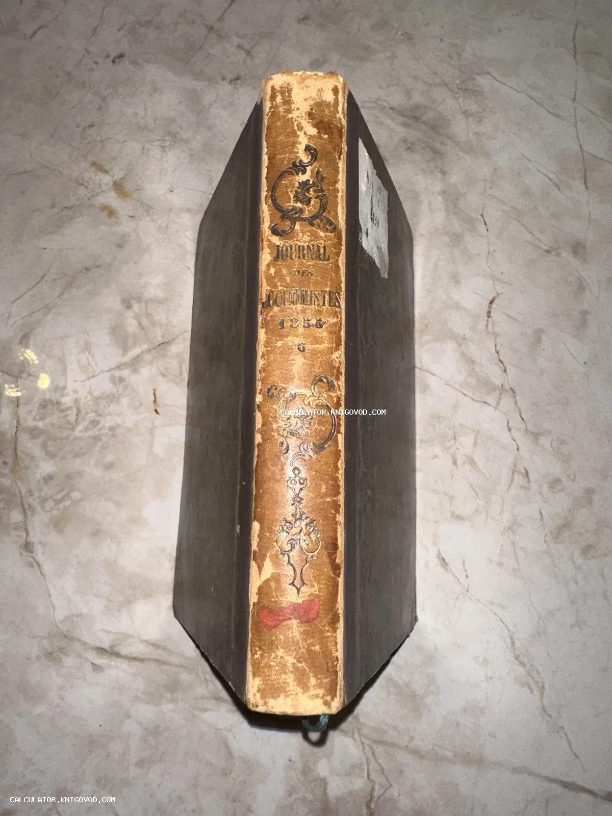 Корешок старинной книги Journal des Économistes 1858 года с золотым тиснением и декоративным орнаментом на мраморной поверхности.