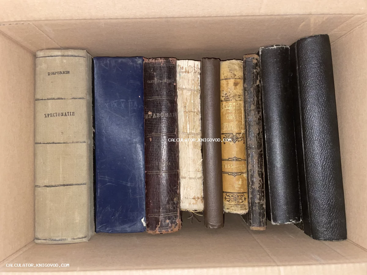Ряд старинных книг с потертыми корешками в картонной коробке, включая хрестоматию Покровского и сборник стихов А.К. Толстого.
