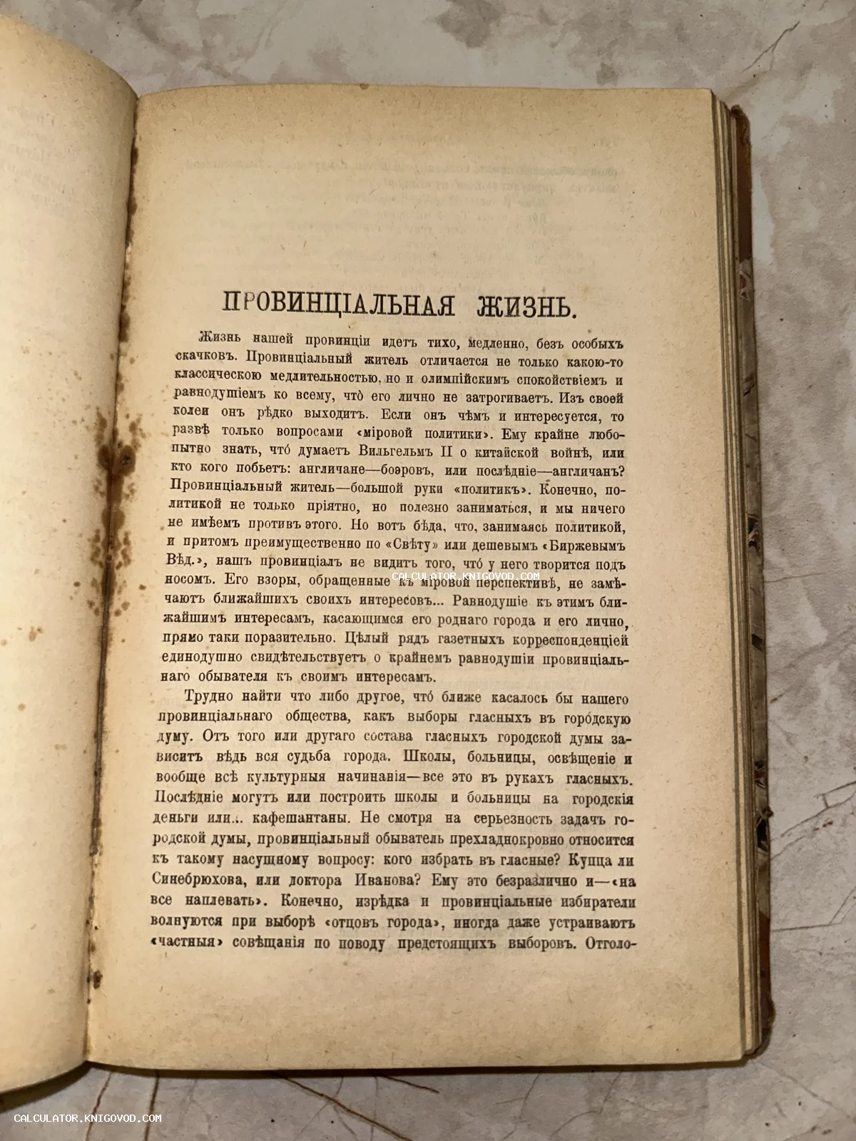 Разворот старинной книги с текстом на дореволюционной кириллице под заголовком Провинциальная жизнь.