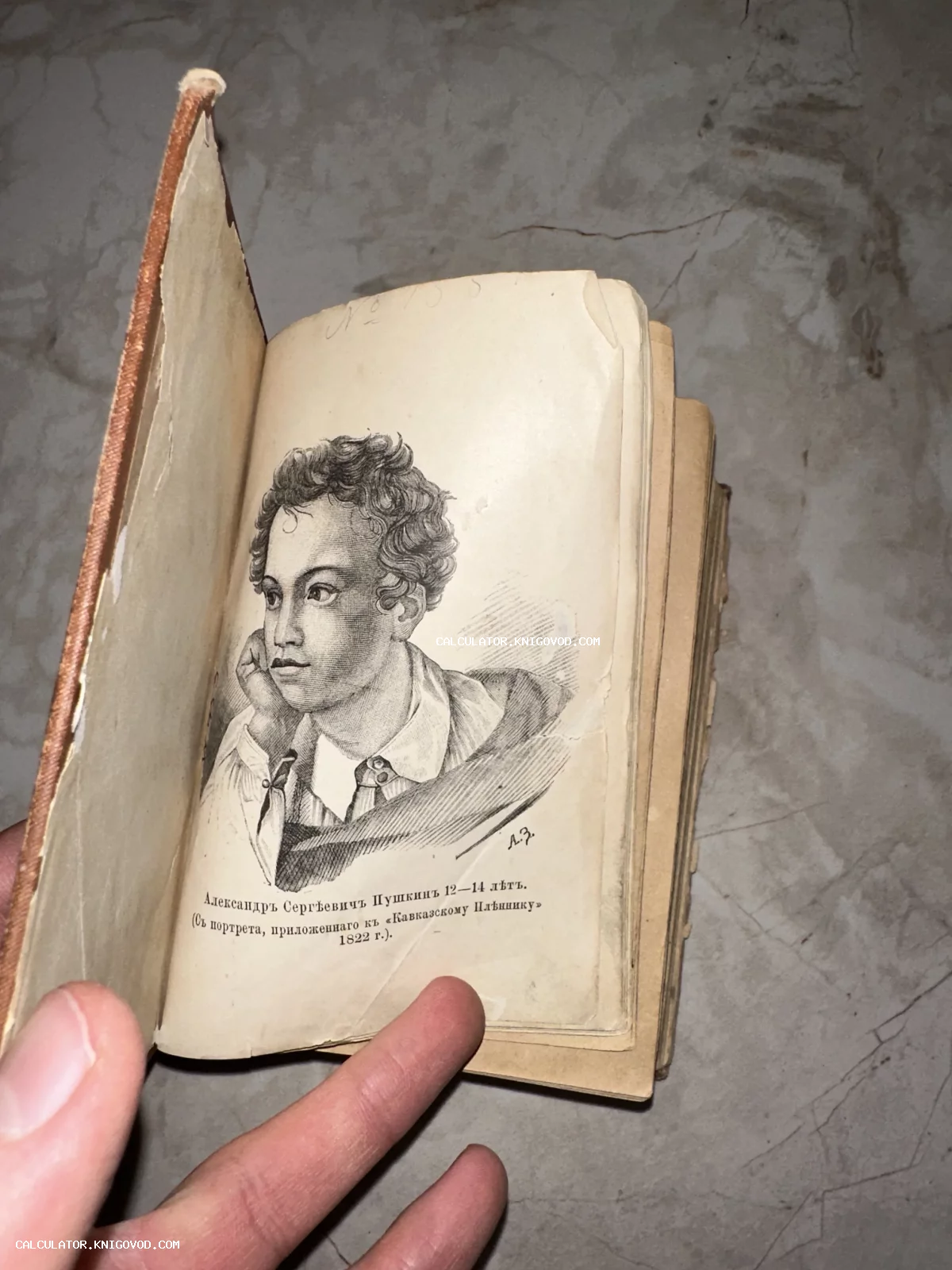 Разворот старинной книги с гравированным портретом А. С. Пушкина в возрасте 12-14 лет на пожелтевшей бумаге.